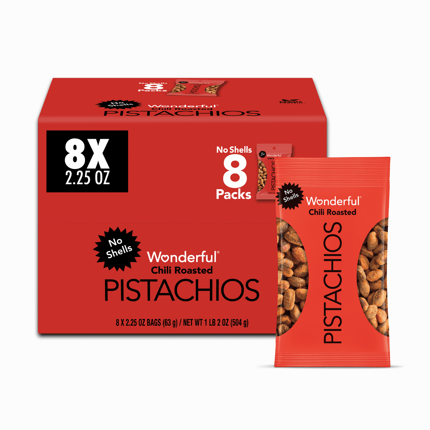 Wonderful Pistachios No Shells, Chili Roasted Nuts, 2.25 Ounce (Pack of 8), Protein Snack, Gluten Free, On-the Go Snack