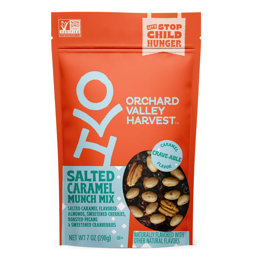 Orchard Valley Harvest Gluten Free Salted Caramel Munch Mix is a sweet and salty trail mix designed to amp the taste experience. It is a caramel lover's dream featuring a blend of salted caramel flavored almonds, sweetened cherries, roasted pecans, and sweetened cranberries. This 7-ounce resealable bag of Orchard Valley Harvest Gluten Free Salted Caramel Munch Mix is Non-GMO Project Verified with no artificial flavors or preservatives and with 4g of Plant Based Protein per serving. Real, wholesome goodness;