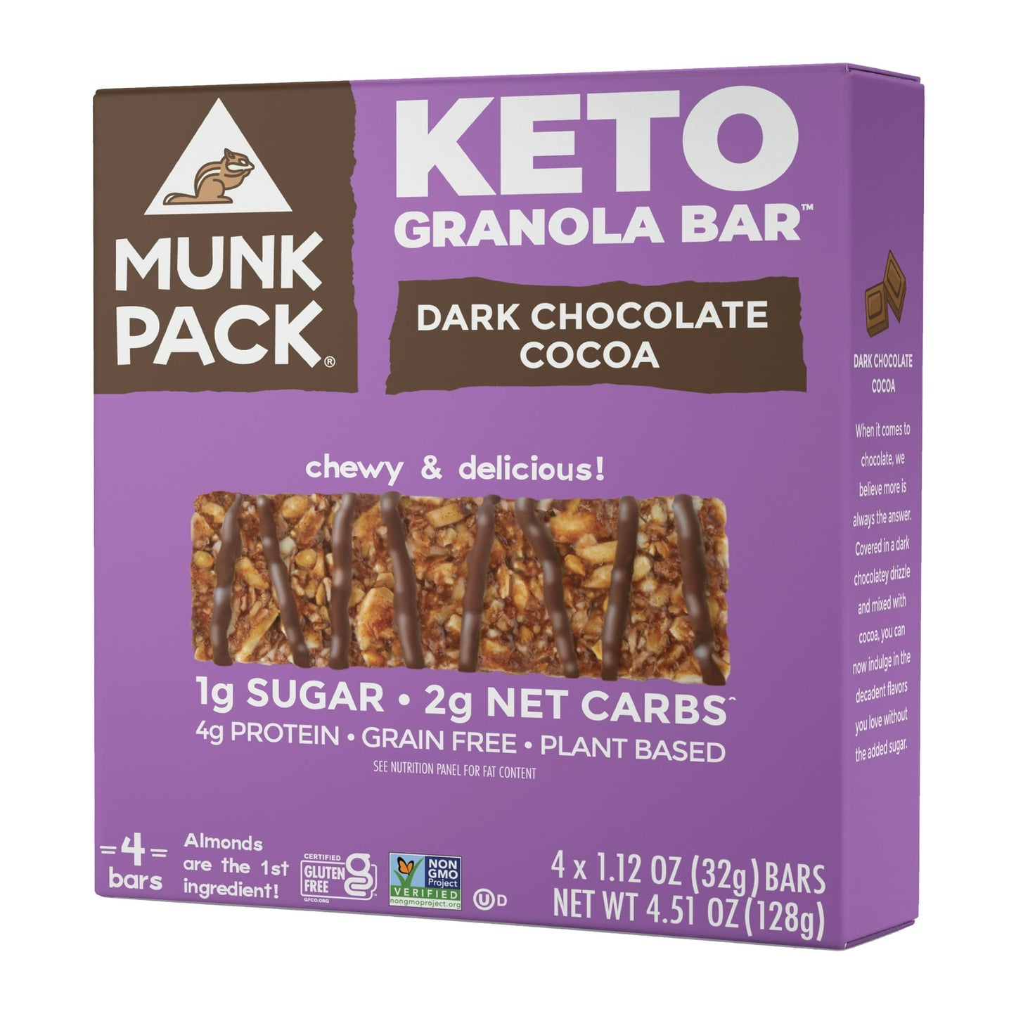 Indulge in the rich and velvety Dark Chocolate Cocoa Keto Granola Bar by Munk Pack. This exquisite treat, offered in a 4-count package, is thoughtfully stored in a shelf-stable box, ensuring its freshness and also, it is a Gluten-Free product. Experience the decadence of dark chocolate cocoa while relishing the convenience of ambient storage. Elevate your snacking with a harmonious blend of flavor and practicality. Great Energy and Protein Bar.