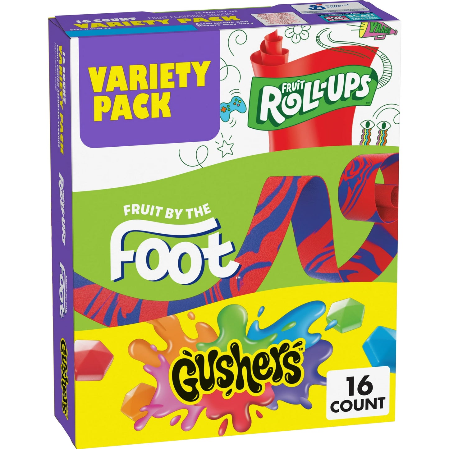 This Fruit Roll-Ups, Fruit by the Foot, and Gushers Fruit Flavored Snacks Variety Pack brings you a trio of yummy favorites, all in one box. With wild flavors and colors, the possibilities for fun are endless - there's something for everyone. These individually wrapped pouches are perfect treats to include in packed school lunch boxes. Serve them as quick and easy after school snacks that bring out the smiles. These tasty gummy treats are made without gluten and provide a good source of vitamin C. They are 