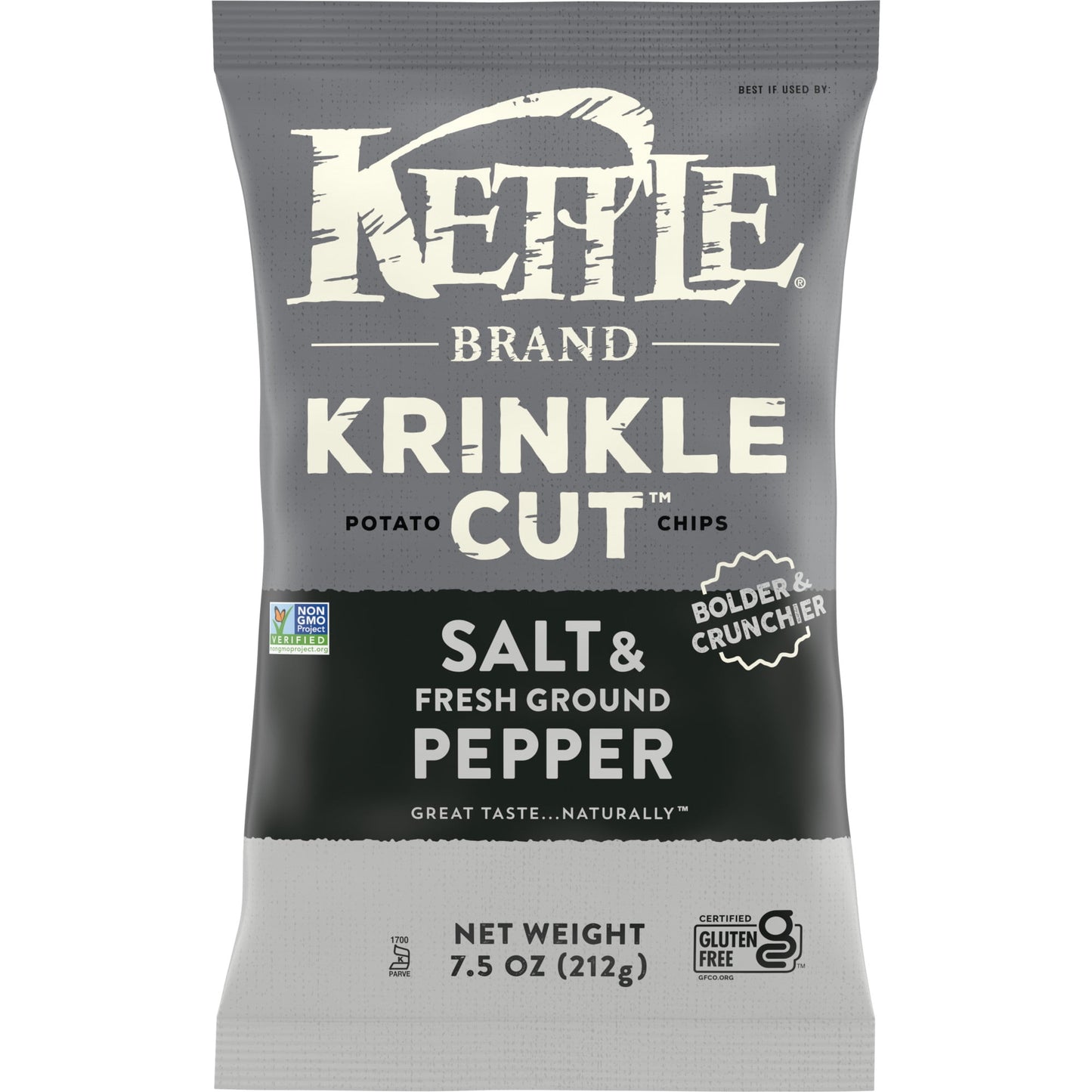 Get your crunch on with Kettle Brand Krinkle Cut Salt and Fresh Ground Pepper Kettle Potato Chips. Kettle Brand Krinkle Cut Salt and Pepper Chips are sliced thicker than our classic kettle chips for an extra crunch. And their deep ridges hold all the extreme seasoning they need. These wavy chips are sprinkled with a much-loved combo: a kiss of salt and the kick of ground pepper. Our kettle cooked chips are Certified Gluten Free and made with Non-GMO ingredients. This 7.5-ounce bag contains about 8 servings 