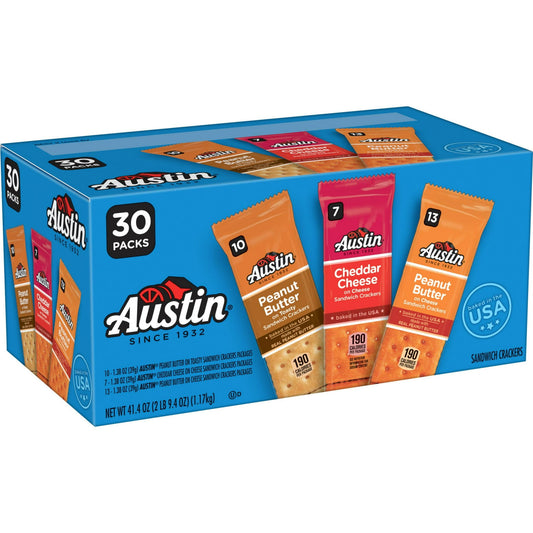 With three flavors of tasty sandwich crackers, this Austin sandwich crackers variety pack provides snacking satisfaction for any occasion. When it's time for a salty, crunchy snack, choose Cheddar Cheese on Cheese sandwich crackers. If you've got a craving for a sweeter treat, reach for a pack of Peanut Butter on Toasty sandwich crackers or Peanut Butter on Cheese sandwich crackers. Our sandwich crackers are conveniently packaged to fit your busy lifestyle; it’s easier than ever to grab a pack and go. Pack 