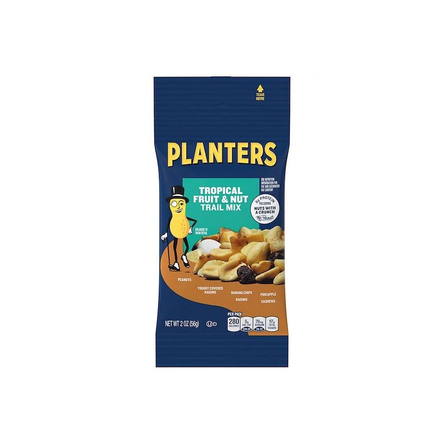 Enjoy a fun snack with these bags of Planters tropical-fruits-and-nuts trail mix. Keep convenient and wholesome snacks on hand with this carton of tropical-fruits-and-nuts-trail-mix bags. These bags are perfect for pantries, classrooms, and break rooms and are a great snack before or after practices, meetings, games, and more. This carton of Planters trail mix has 72 individual bags for convenient bulk purchasing. • Trail mix contains roasted peanuts, banana chips, raisins, pineapple, and yogurt-covered rai