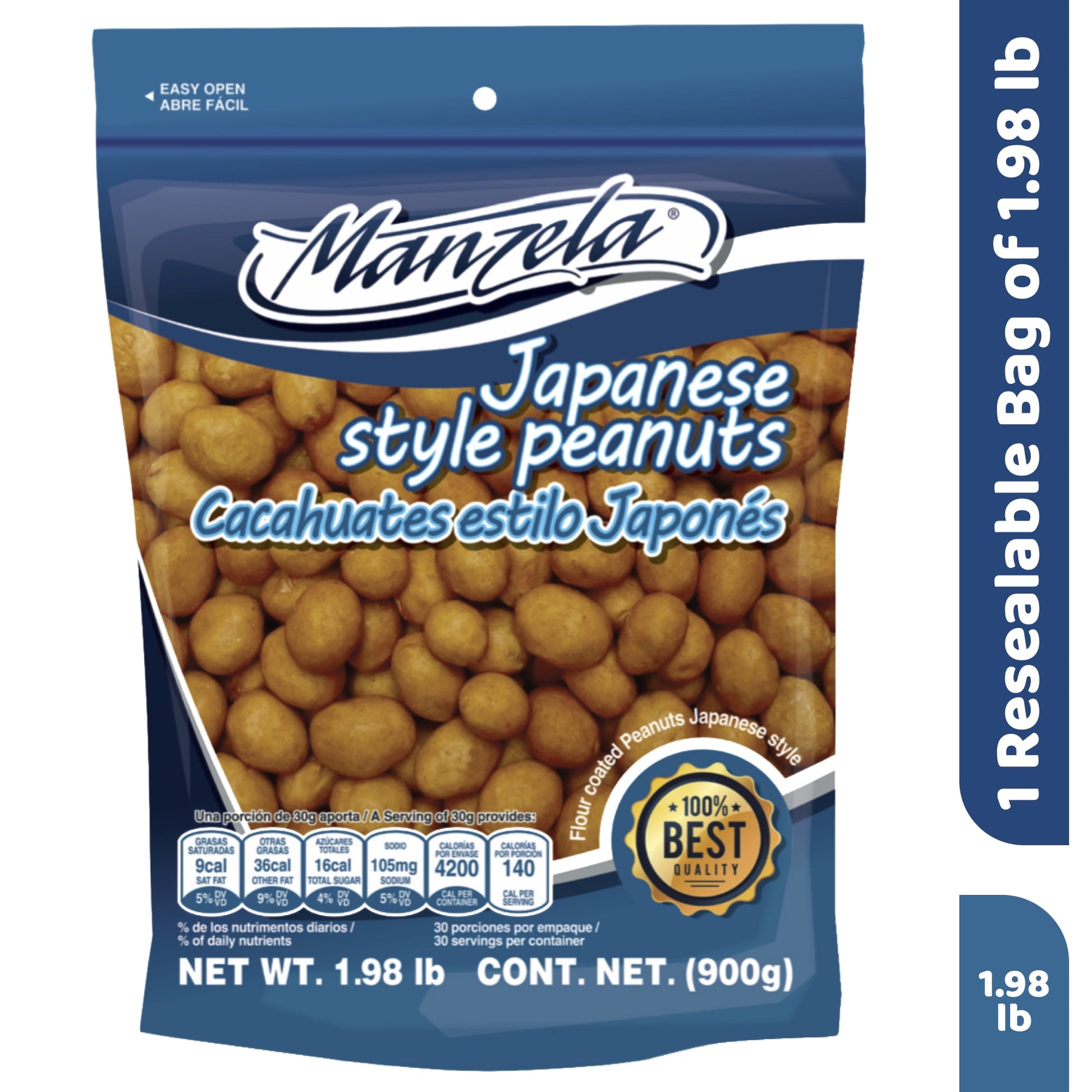 The 1 unit 2lb/900g Manzela Japanese Style Peanuts bag is the perfect option for all your reunions and gatherings, or even in the office. You will be able to have one of the most iconic snacks from Mexico, in a nice presentation and without leaving home. This resealable bag is ideal to serve just the amount you need, when sharing a bowl or having a quick snack without sacrificing any of the original properties and freshness. This presentation is the best in terms of price/quantity. Our Japanese Style Peanut