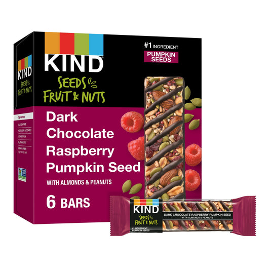 KIND Seeds Fruit & Nuts Dark Chocolate Raspberry Pumpkin Seed gluten free bars pair tart yet sweet raspberries, pumpkin seeds, sunflower seeds, dried cranberries, almonds, and peanuts, and are topped with a chocolatey drizzle. Each flavor of KIND Seeds Fruit & Nuts snack bars combines the #1 ingredient of pumpkin seeds or sunflower seeds with real fruit, plus nuts. These KIND snack bars are an ideal grab-and-go food that make eating seeds, fruit and nuts delicious and convenient. A good source of fiber, eac