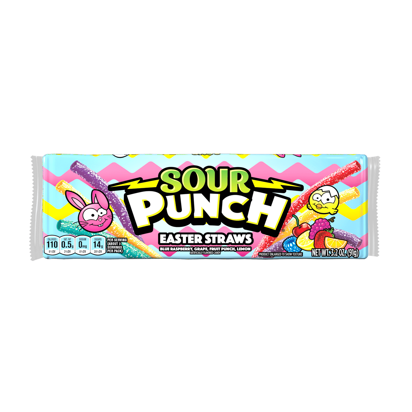 Sour Punch Straws to hop into the Easter season! Featuring new flavors: Blue Raspberry, Grape, Fruit Punch, and Lemon. Taste the power of sour with mouthwatering soft and chewy candy that can really pack a punch. The 3.2oz movie tray is decorated with chicks and bunnies and will fit perfectly with the Easter theme. Get them while they last.