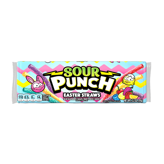 Sour Punch Straws to hop into the Easter season! Featuring new flavors: Blue Raspberry, Grape, Fruit Punch, and Lemon. Taste the power of sour with mouthwatering soft and chewy candy that can really pack a punch. The 3.2oz movie tray is decorated with chicks and bunnies and will fit perfectly with the Easter theme. Get them while they last.