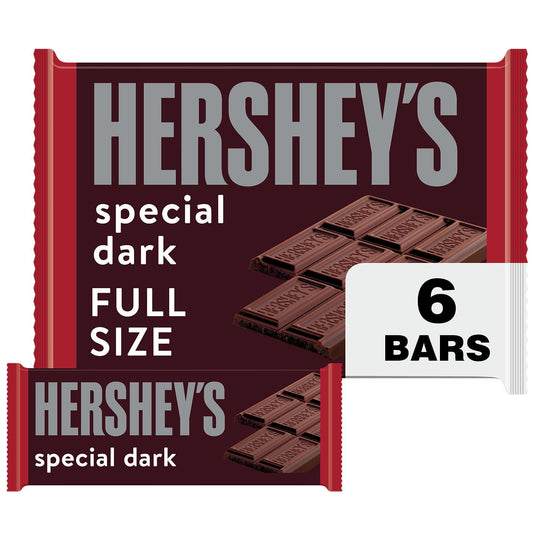 There's happy, and then there's HERSHEY'S happy. Made of the delectable, rich, sweet chocolate that's been a classic for decades, HERSHEY'S SPECIAL DARK mildly sweet chocolate bars make life more delicious whether they're enjoyed alone or shared with loved ones. These individually wrapped, full size kosher candy bars are the perfect treat for countless special and everyday occasions. Use this sweet treat on top of freshly baked cakes, cookies and cupcakes to revamp your favorite recipes with a chocolatey tr