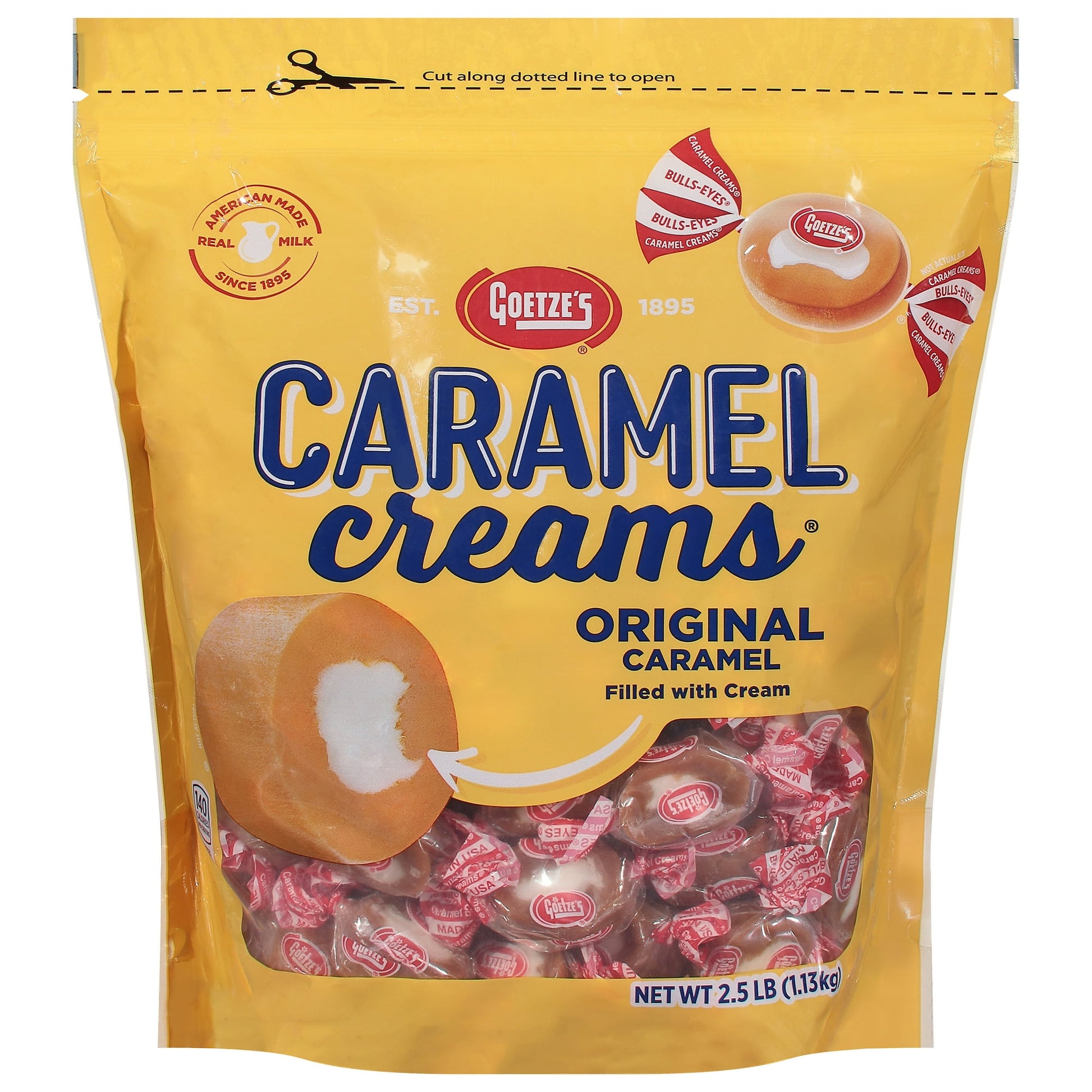 Goetze's Candy Caramel Creams, also know also "Bull-Eyes," are unlike any other caramel candy. Made with wheat these caramels are chewy, not sticky, and made with a decadent cream center! Caramel Creams still use the same original vanilla flavor that was introduced by Goetze's Candy back in 1918. Today, Caramel Creams are available in two flavors year-round, "original" Caramel and Caramel Brownie. Our seasonal flavors include Strawberry Smoothie during the summer and Apple in the Fall, and Caramel Creams ar