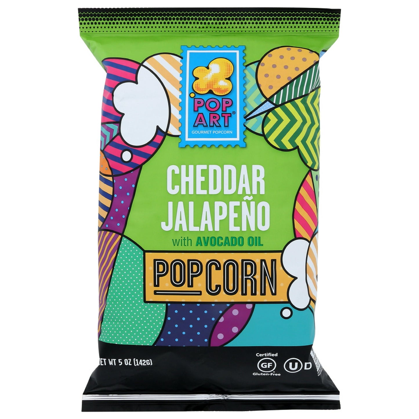 POP ART WHITE CHEDDAR JALAPENO GOURMET POPCORN DELIVERS CHEESY CREAMINESS WITH A BITE OF JALAPENO HEAT. THIS FLUFFY CORN SNACK IS AIR-POPPED AND FREE OF TRANS FATS. EACH SERVING ADDS ONLY 150 CALORIES TO YOUR DIET PLAN, AND PROVIDES 3 G. OF PROTEIN AND 2 G. OF FIBER. THIS 5 OZ. BAG HOLDS ABOUT FIVE SERVINGS.