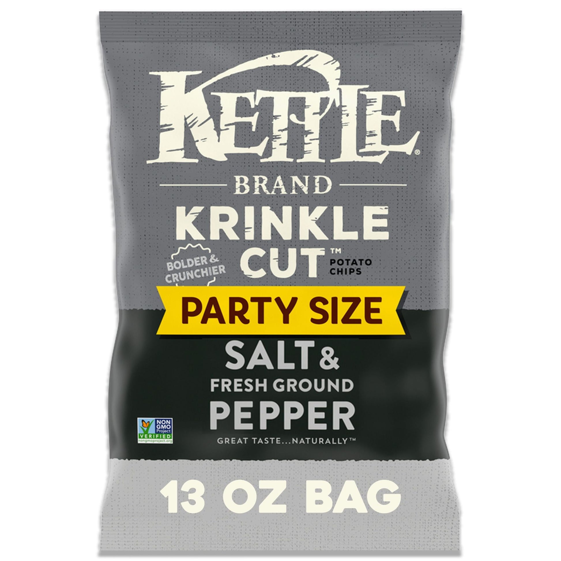 Kettle Brand Krinkle Cut Salt & Ground Pepper kettle chips are sliced thicker than our classic kettle chips for an extra crunch. And their deep ridges hold all the extreme seasoning they need. Each potato chip is sprinkled with a much-loved combo: a kiss of salt and the kick of ground pepper. On top of that, they follow Our Natural Promise to be Non-GMO Project Verified and Certified Gluten-Free. So go ahead, experience the enjoyment straight out of the bag. It takes pretty high standards to achieve Kettle 