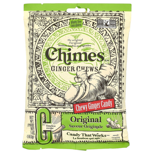 Chimes Ginger Chews Original are refreshing ginger treats that are a natural & healthy escape from the ordinary! Unlock the amazing powers of ginger in a little chew! Chimes are perfect while travelling - a soothing amd comforting treat. They're also great in the office - adding a little kick to your day. Either way, they're music for your mouth. Pure Ginger No additives or preservatives Only 3g sugar/piece Other Ingredients: Cane Sugar, Ginger, Tapioca Starch.