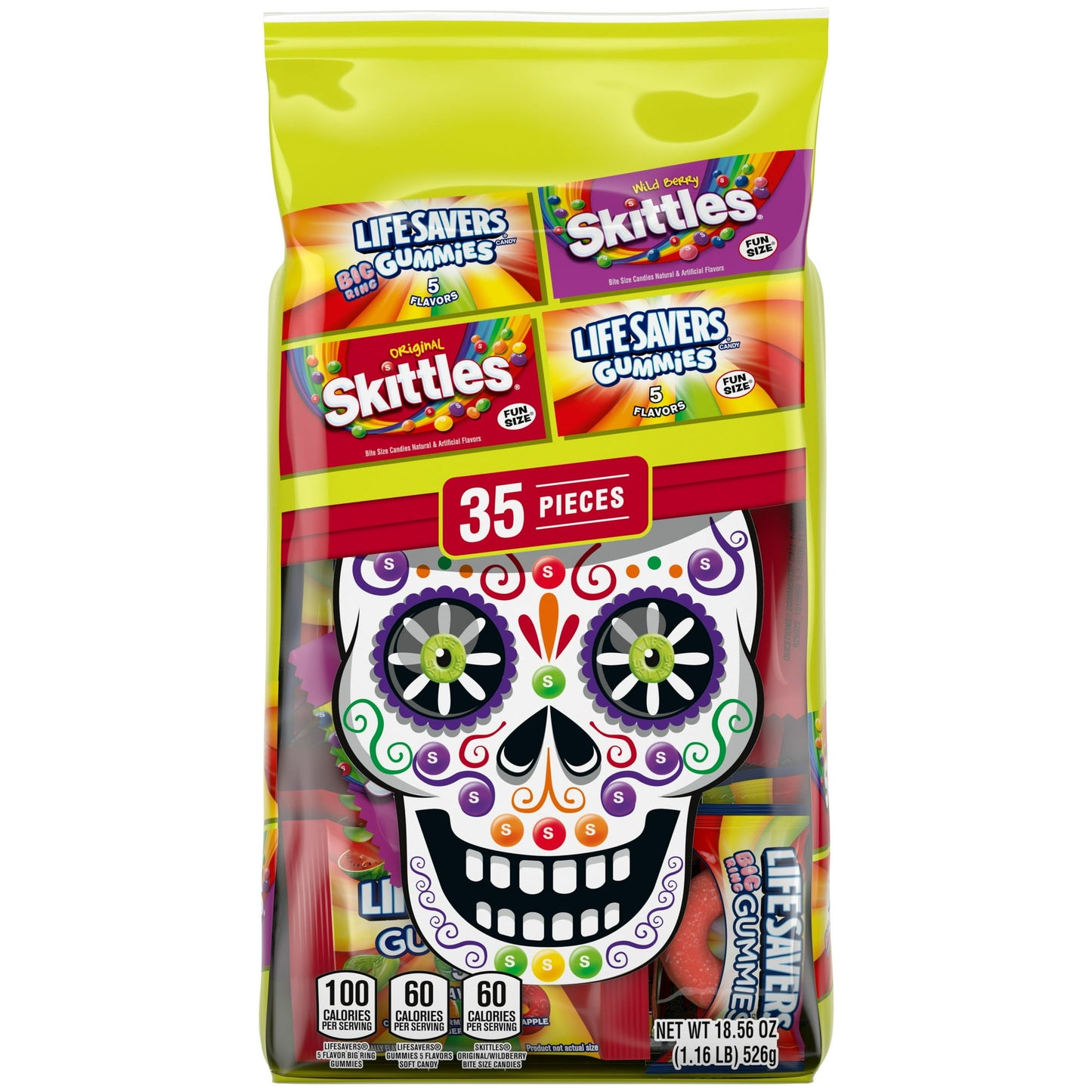 Get ready for Treat Season with this 35-piece bulk variety bag of SKITTLES Original, Wild Berry, LIFE SAVERS Gummies, and Big Ring Gummies Halloween Candy. Whether you're hosting a Halloween Bash or prepping treat bags for trick-or-treaters, this collection offers a bewitching assortment of fruity treats. With flavors to satisfy every ghost and ghoul, this bulk variety candy bag guarantees plenty of treats for all your Halloween festivities. Don't miss out—grab your SKITTLES & LIFE SAVERS Halloween Fruity C