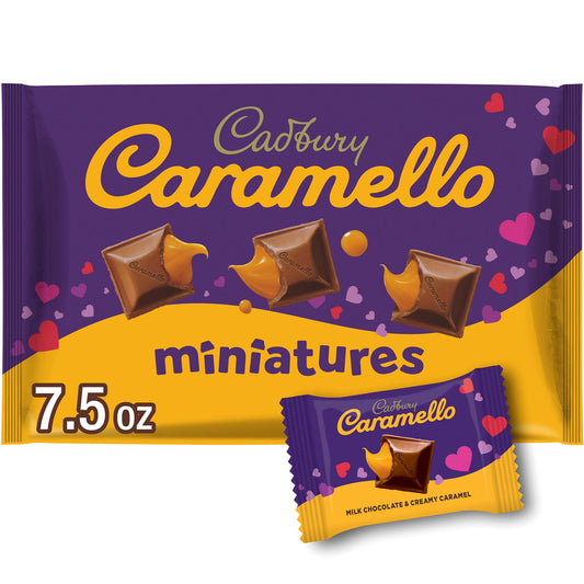 CADBURY CARAMELLO Miniatures caramel candy bars are made with rich and creamy milk chocolate filled with a deliciously smooth caramel. This bag of kosher certified candy is great for keeping guests happy at your next Valentine's Day gathering! Or, stock up your kitchen pantry and desk drawer at home or at work with sweet treats for easy access throughout the day whenever you need them. Whether you enjoy this milk chocolate and creamy caramel candy alone or share it with co-workers, friends or family members