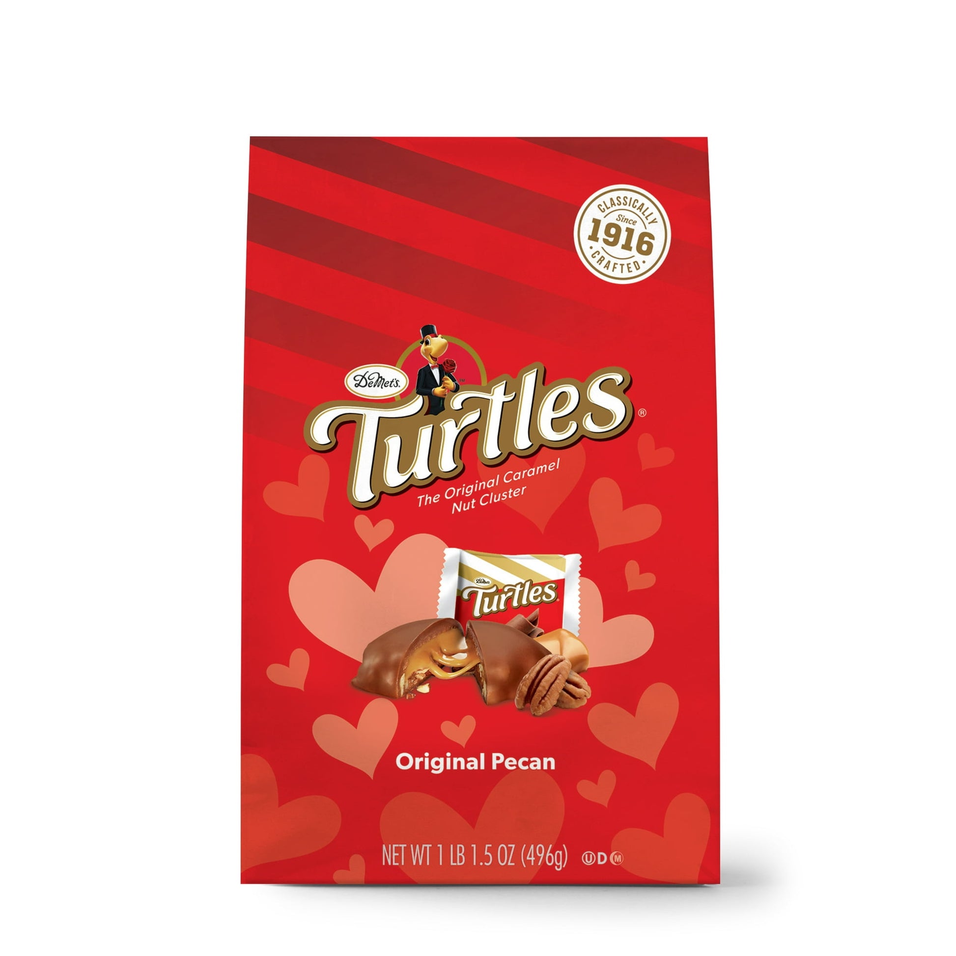 Make Valentine's Day even sweeter with DeMet's Turtles Original Milk Chocolate Pecan Bag, 17.5oz. Every crave-worthy individually wrapped cluster is perfectly balanced, with just the right amount of luscious milk chocolate, creamy caramel and crunchy pecans. Treat to a deliciously satisfying, premium chocolate experience - crafted in the same time-honored tradition since 1916. These delicious nut clusters are loved by both kids and adults alike. Each sweet bite is a simple delight for your taste buds. Also 