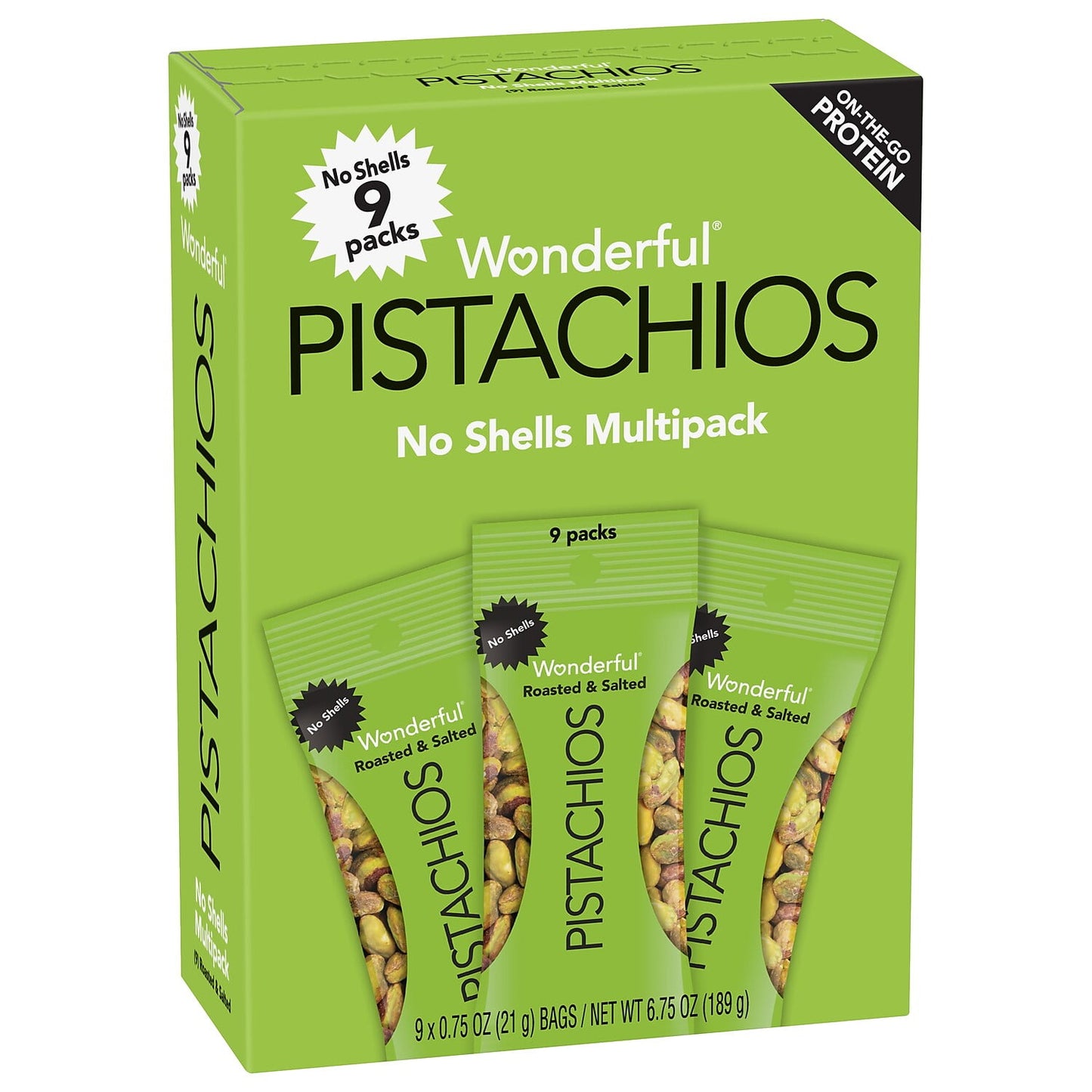 Wonderful roasted and salted Wonderful pistachios have literally come out of their shells. Same delicious taste, but with a little less work for you. Still great for snacking, they're also a wonderful addition to your culinary creations. Wonderful pistachios are a smart, healthy choice for folks around the world. • Roasted and salted pistachios have literally come out of their shells; great for snacking and wonderful addition to culinary creations. • This product is gluten-free. • 0.75 oz. individually wrap