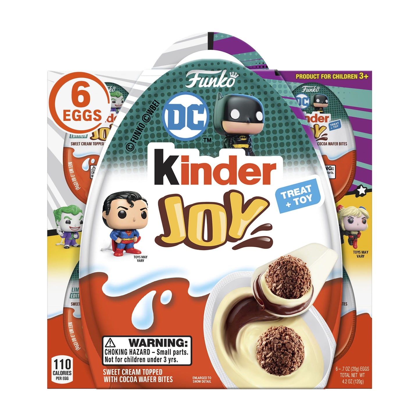 Unleash the power of DC Comics and your child's imagination with this limited-edition DC Funko Pop! Collection of Kinder Joy eggs. Discover two sides of fun in Kinder Joy eggs. The treat side features two layers of creamy deliciousness—one cocoa and one sweet cream. Plus, there are two crispy, chocolatey-covered wafer bites filled with cocoa cream. The toy side hides a surprise limited-edition DC Funko Pop! Collection toy. Individually wrapped, each egg features 1 of 16 limited-edition Funko Pop! toys.