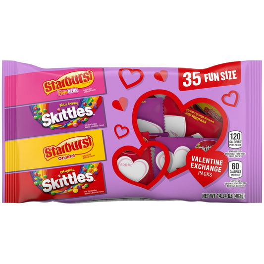 Switch up your Valentine's Day chocolate treats and surprise gift loved ones with the sweet and fruity goodness of Mars Mixed SKITTLES and STARBURST Fun Size Chewy Valentine's Day Candy, 14.24 oz. This assorted 35-count bulk variety bag is packed with nut-free fruity favorites, including trans fat free SKITTLES Original, Wild Berry, STARBURST Original, and STARBURST FaveRed. Add a personal touch to your Valentine's Day gift exchanges with these chewy candy packs! Don't forget to pair them with a card and fl