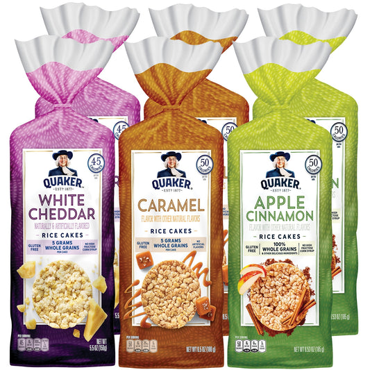 Made with the delicious goodness of whole grain brown rice, and baked to crispy perfection. With tons of great flavors, and 50 calories or less per cake, there's one perfect for every snacking occasion. Or even make one into a meal. This new variety pack includes 2 bags of each of three of our most popular flavors - White Cheddar, Caramel Corn, and Apple Cinnamon.