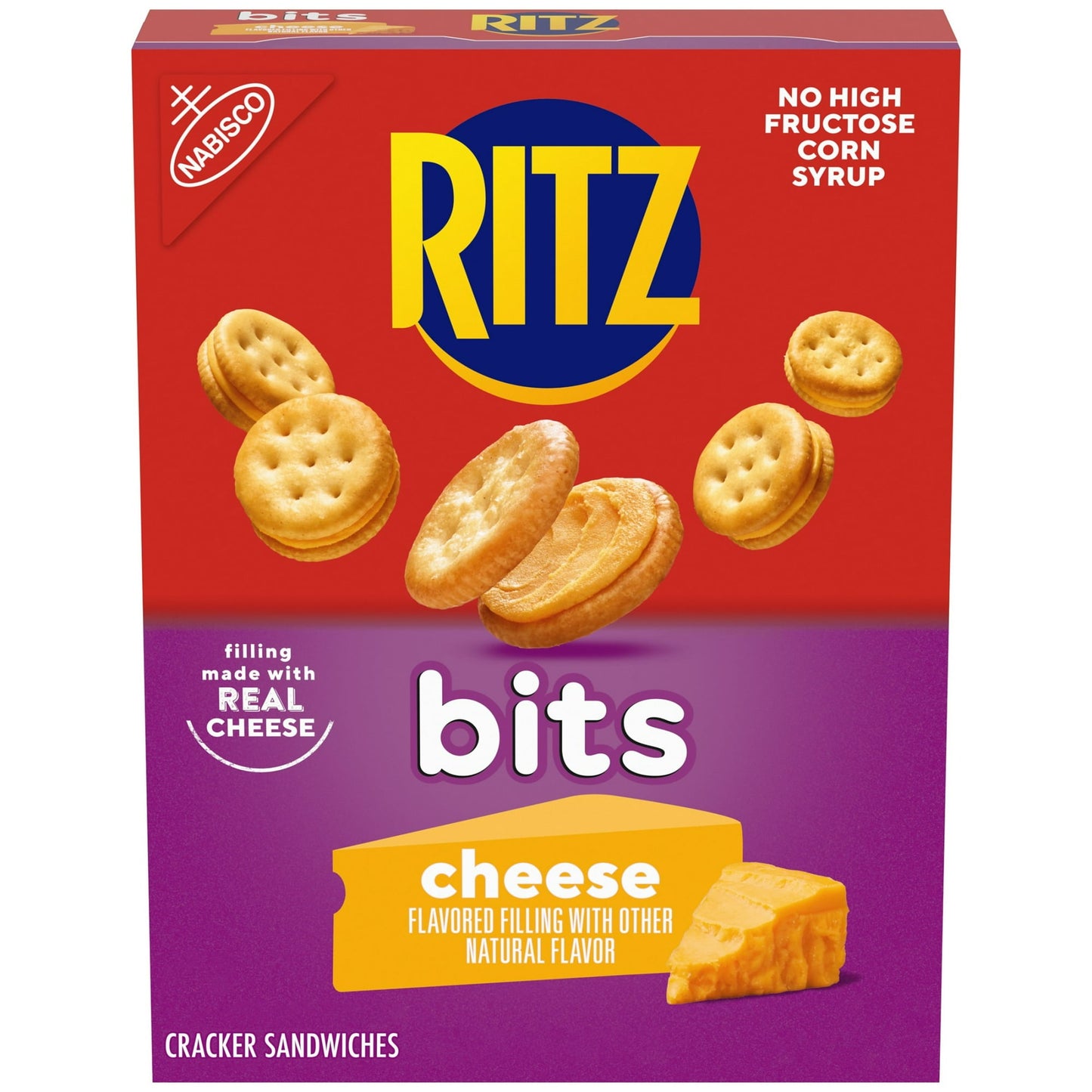 RITZ Bits Cheese Sandwich Crackers are bite-size snacks that layer a mouthwatering cheese spread between two tiny, crisp RITZ Bits crackers. These cracker sandwiches are made with real cheese and contain no high fructose corn syrup, so grab a handful any time you're craving cheese and crackers. Pack some of these snack packs in your lunch for a special treat, keep them at your desk for an easy snack, or stow a handful of these mini crackers in your backpack for a quick bite on your next long hike. Each box 