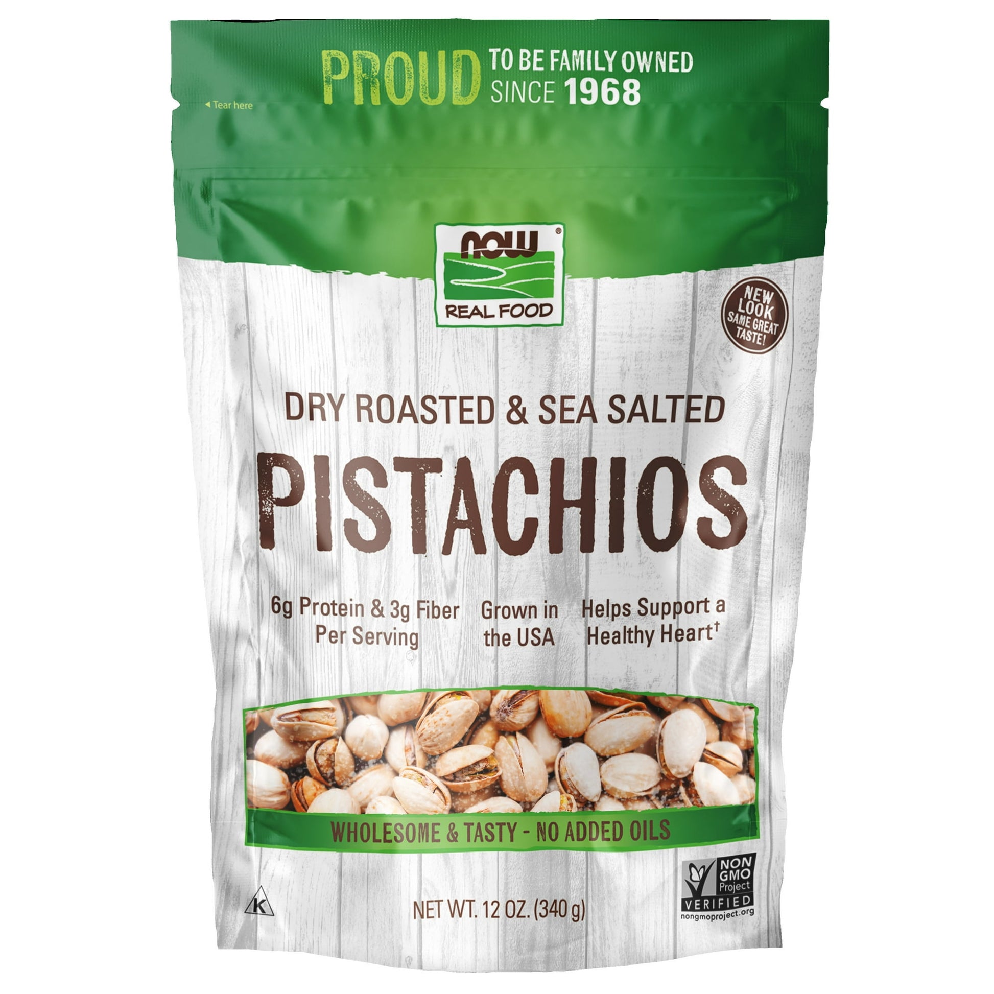 6g Protein & 3g Fiber Per Serving Grown in the USA Helps Support a Healthy Heart† New look, same great taste! There aren’t many nuts more identifiable than the pistachio. Cracking open a fresh pistachio is like discovering a treasure trove of taste and nutrition. NOW Real Food® Pistachios are a good source of fiber. Not only are great-tasting pistachios a delicious snack, they’re also used in a variety of desserts such as ice cream and biscotti. From the FDA: "†Scientific evidence suggests but does not prov