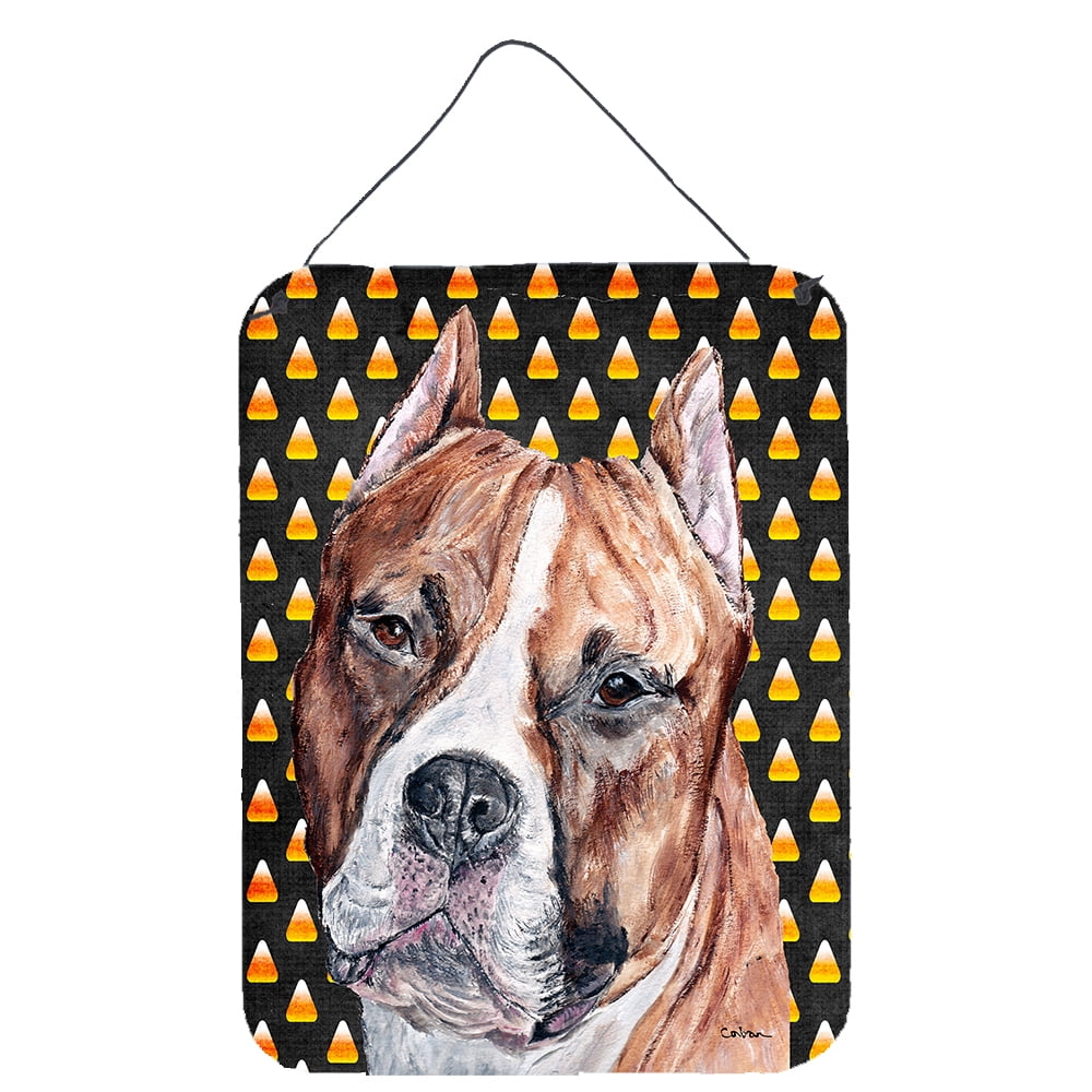 Carolines Treasures SC9656DS1216 Staffordshire Bull Terrier Staffie Candy Corn Halloween Wall or Door Hanging Prints Wall or Door Hanging Prints featuring breed specific Staffordshire Bull Terrier artwork from one of our artists or graphic designers. Celebrate the Halloween holiday with this Halloween decorative Metal Print. This Wall or Door Hanging Prints is from Carolines Treasures collection Candy Corn Halloween. Indoor or Outdoor Aluminum multicolor artwork prints will add a special touch to your kitch