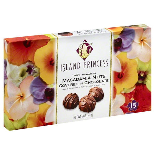 Macadamia Nuts, Covered in Milk Chocolate, Box 5 OZ 100% Hawaiian. Finest milk chocolate. (808) 839.5222. www.IslandPrincessHawaii.com. Made in Hawaii. Store in a cool dry location. Temperature: 60-70 degrees F/16-21 degrees C. Packed on shared equipment with: peanuts, tree nuts (pecans & almonds), dairy, soy and wheat. 15 pieces [5 oz (141 g)] 2846 Ualena Street Honolulu, HI 96819 808-839-5222