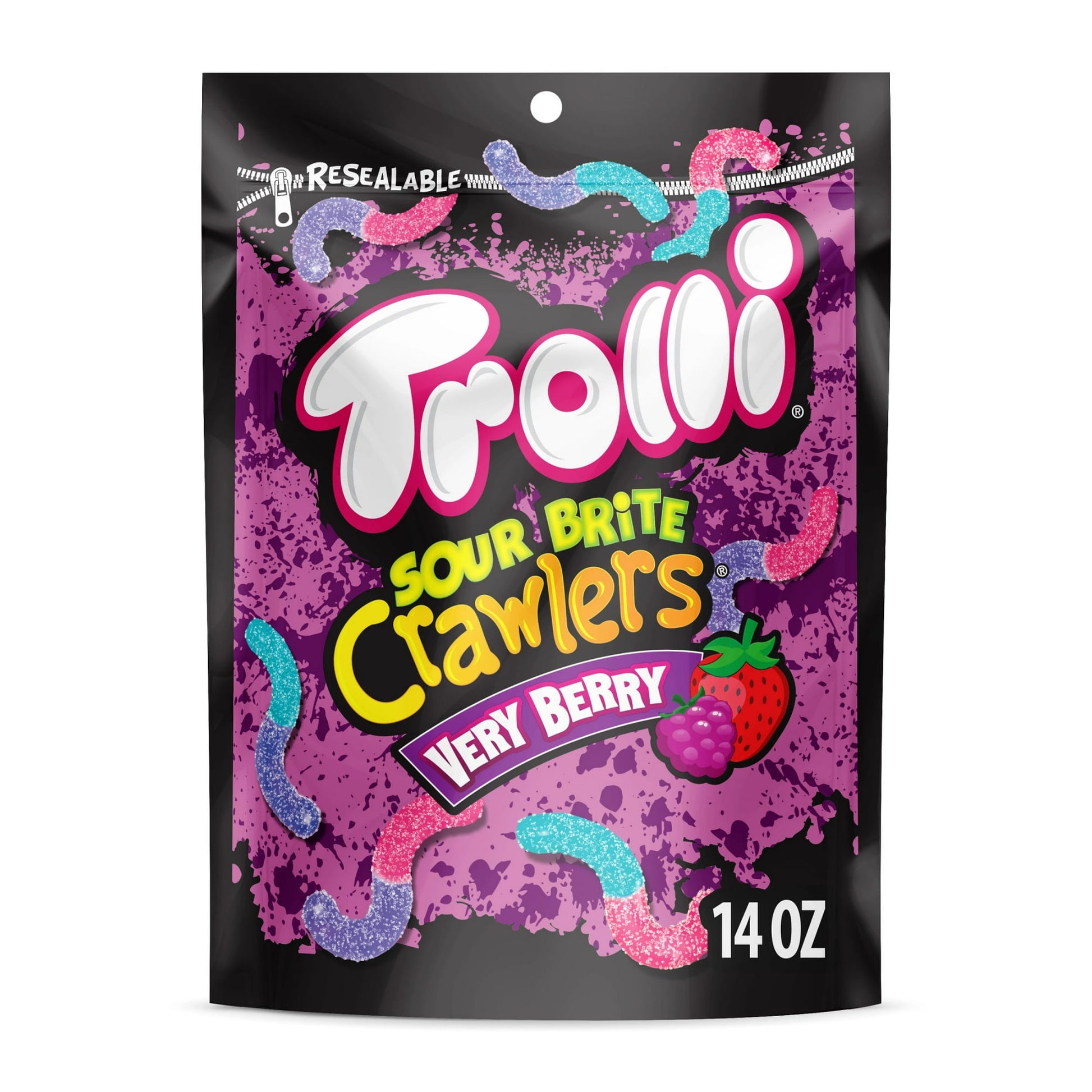 Trolli Sour Brite Very Berry Crawlers are chewy gummy worms covered in a tongue-twisting sugary goodness, striking the perfect balance of sweet and sour in every bite. The flavors include raspberry-blueberry, strawberry-blackberry, and blue raspberry-berry punch. Whether you're looking for a snack to satisfy your sweet tooth, or you're in the mood for something sour and tangy, Trolli Sour Brite Crawlers have got you covered. With their bold flavors, soft texture, and colorful design, they are sure to be a h