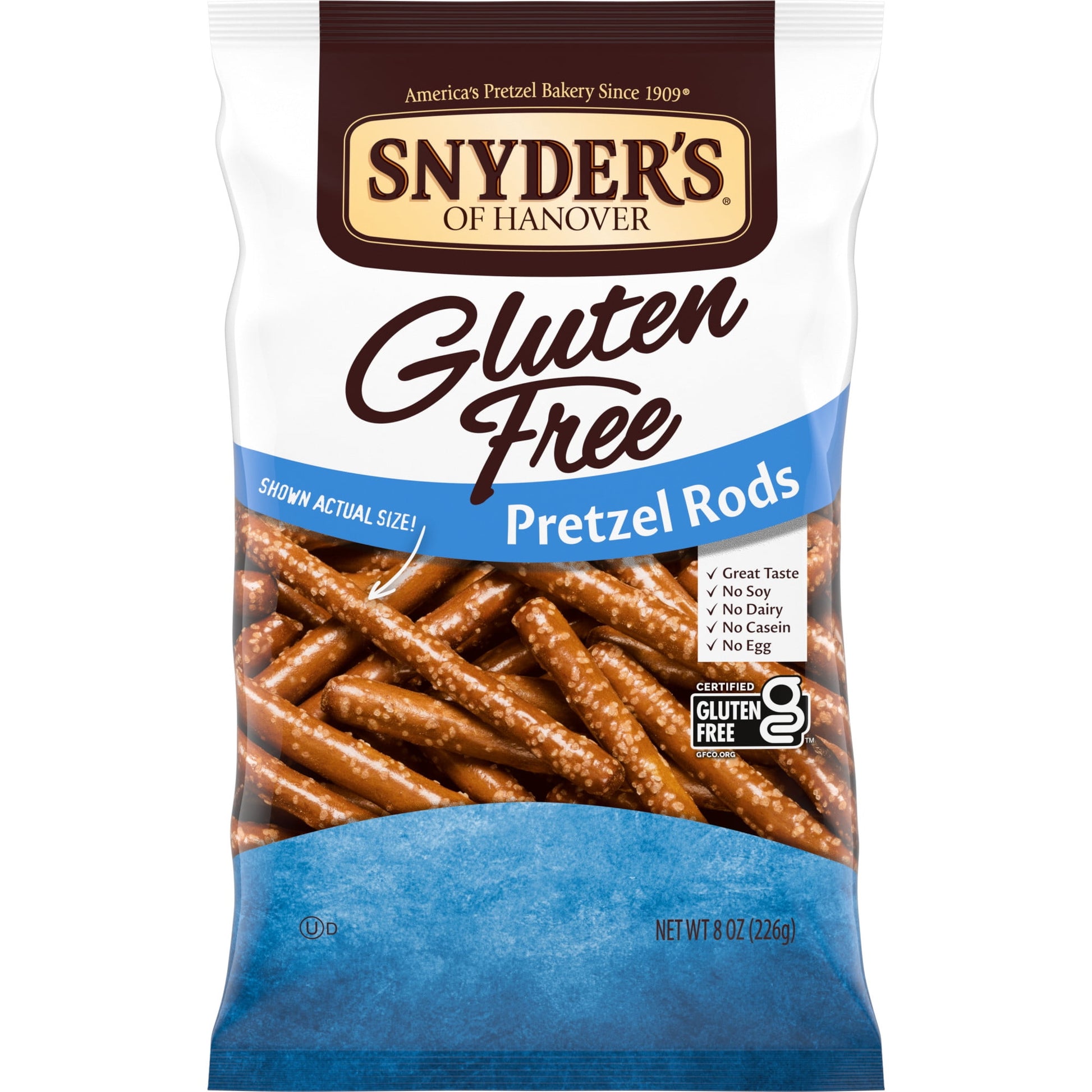 These Gluten Free Pretzel Rods taste great with cheese or dipped in hummus- or enjoy them on their own! In our commitment to offer a wide range of product to our customers, Snyder's of Hanover is proud to offer Gluten-Free snacks to the millions of people living with celiac disease or following a Gluten-Free lifestyle. Made with the finest premium ingredients, our Gluten-Free products combine plenty of great taste and variety with no gluten, dairy, egg or milk. Snyder's of Hanover pretzels are made from who