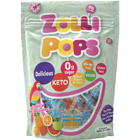 Delicious Keto Vegan Allergy-Free Natural Flavors & Colors The After You Eat Treat® For a Healthy Smile! Sugar Wise Certified Sugar Free Approx. 23 - 25 Pops Kosher Created by Teenpreneur, Alina Morse, who asked "Why can't we make a lollipop that's delicious and good for your teeth?" And, Zollipops® were born. Zollipops are no ordinary suckers, they are supercharged with Erythritol, and other smile friendly natural ingredients. Zollipops are the After You Eat Treat® for a healthy smile! Enjoy one after ever