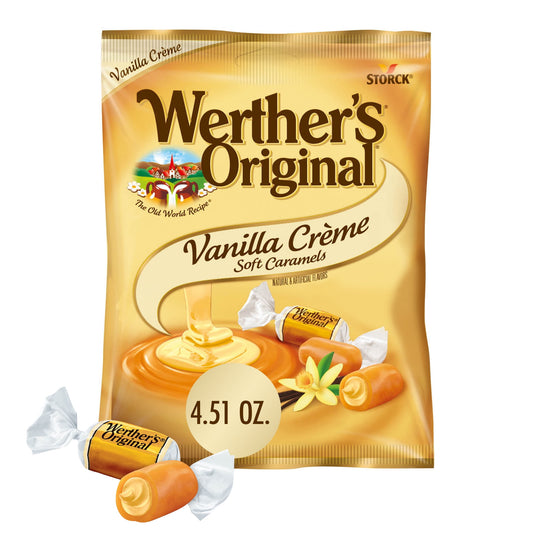 A delicious combination of our soft and buttery Werther's Soft Caramel with a vanilla crème filling. Our soft and buttery Werther's caramel is a decadent creme filling for an unbeatable combination of flavors and textures. Werther’s Original is made with only the finest ingredients blended together with the same passion and care our first candy maker, Gustav Nebel, brought to every candy he crafted. Made with real butter and fresh cream. Werther's Original Soft Vanilla Crème Caramel Candy, 4.51 oz Bag Shell