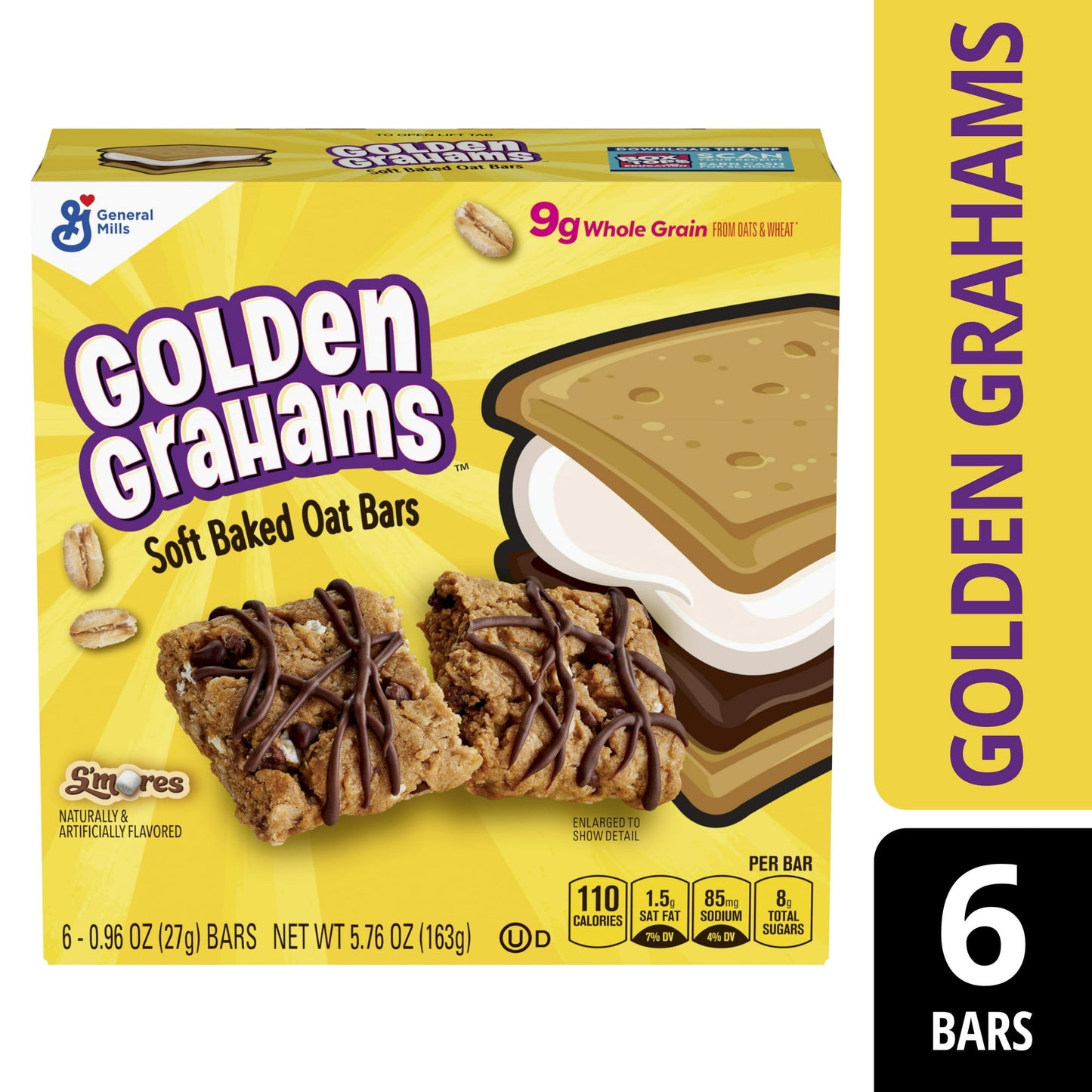 You don't always need a bowl to get a taste of your favorite Golden Grahams cereal. Snack around the clock with Golden Grahams S'mores Soft Baked Oat Bars. Made with the flavor of the Golden Grahams cereal you know and love with the epic combination of graham cracker, marshmallow, chocolate. With Golden Grahams Soft Baked Oat Bars, you can now take your favorite cereal with you wherever you go. These individually wrapped bars are the perfect on-the-go breakfast snack your whole family will love. Golden Grah