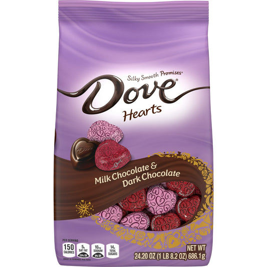 Give that special someone the opportunity to escape and indulge this Valentine's Day with DOVE PROMISES Milk & Dark Chocolate Valentines Day Candy Hearts. Filled with the luxurious silky and smooth flavors of premium dark chocolate and milk chocolate, your traditional Valentines Day Chocolate heart box is now a bag full of chocolate heart shaped PROMISES. Warm well wishes under each DOVE PROMISE assorted candy wrapper will put a smile on anyone's face. Elegant colorful foil makes these chocolates pop in you