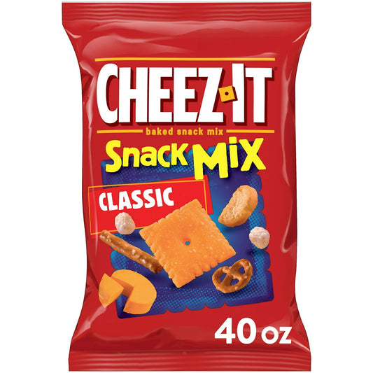 Satisfy your snack time cravings with a delicious handful of Cheez-It Classic Baked Snack Mix. Featuring a tasty combination of crackers made with 100% real cheese, salty pretzels, mini toasted bread slices, and cheese flavored rice puffs that have been baked to crispy, crunchy perfection. Sized for sharing and made for easy, sensible snacking, Cheez-It Classic Baked Snack Mix is the ideal companion for party spreads, lunchboxes, after-school snacks, and busy, on-the-go moments; Each handful provides an epi