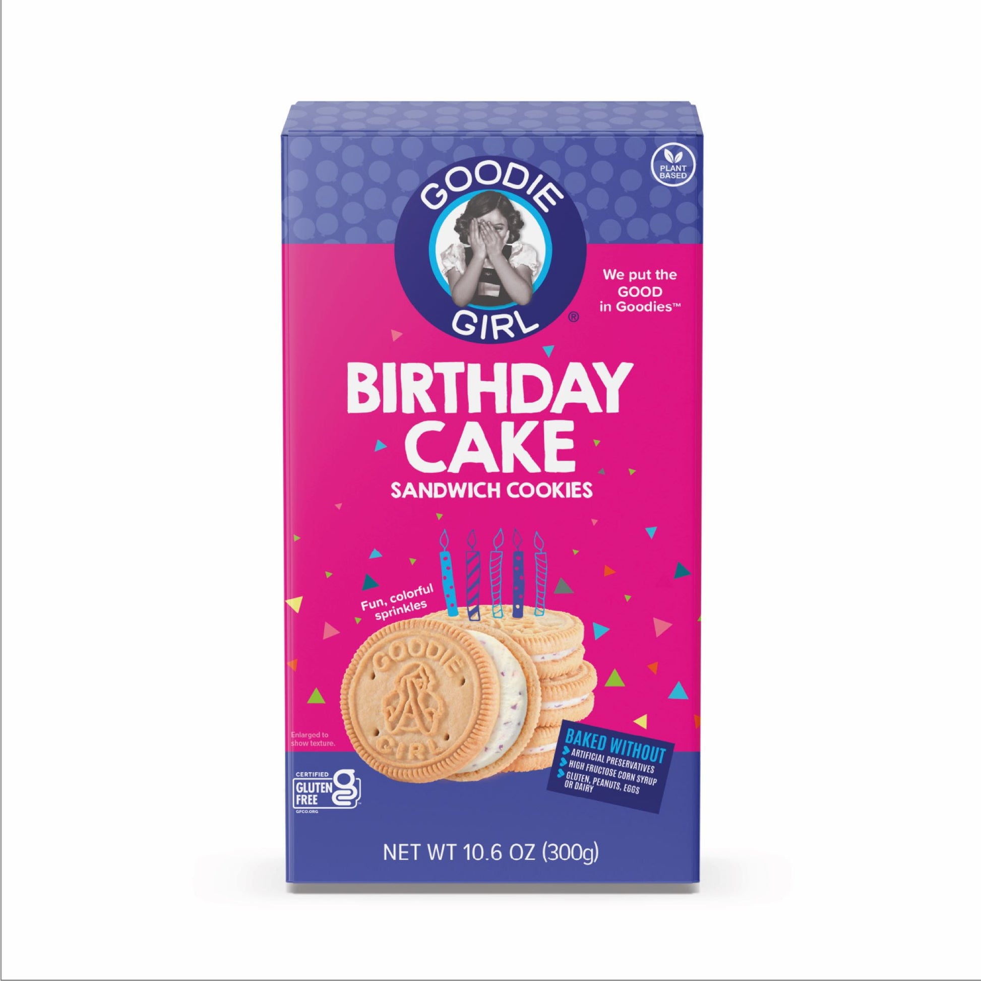 Birthday cake sandwich cookies and creme with edible glitter At Goodie Girl, we believe in breaking the rules, being tastefully bold and embracing your inner creative rebel. It’s what we strive to do every day, to “keep it real” and create naturally delicious versions of your favorite childhood treats. Each regular sized pack contains 22 delicious birthday cake flavored cookie sandwiches.