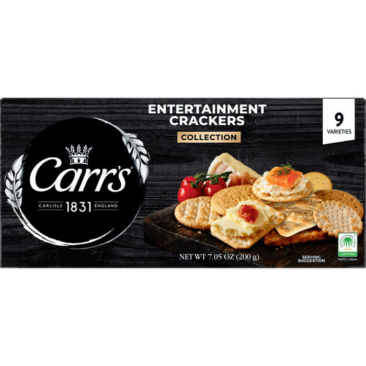 A delicious and perfectly crisp assortment of Carr's Entertainment Collection Crackers, this special Variety Pack offers 9 exciting varieties for guests to enjoy including English Wafer, Choice Grain, Small Digestive, Small Wheat, Oblong Wafer, Table Water, Carlton Selects, Oyster, and Cream crackers. With delicate textures and subtle flavors, these crackers make wonderful canvases for your favorite toppings and dips including cheeses, fruit preserves, deli meats, and more. Carr's Crackers are the perfect a