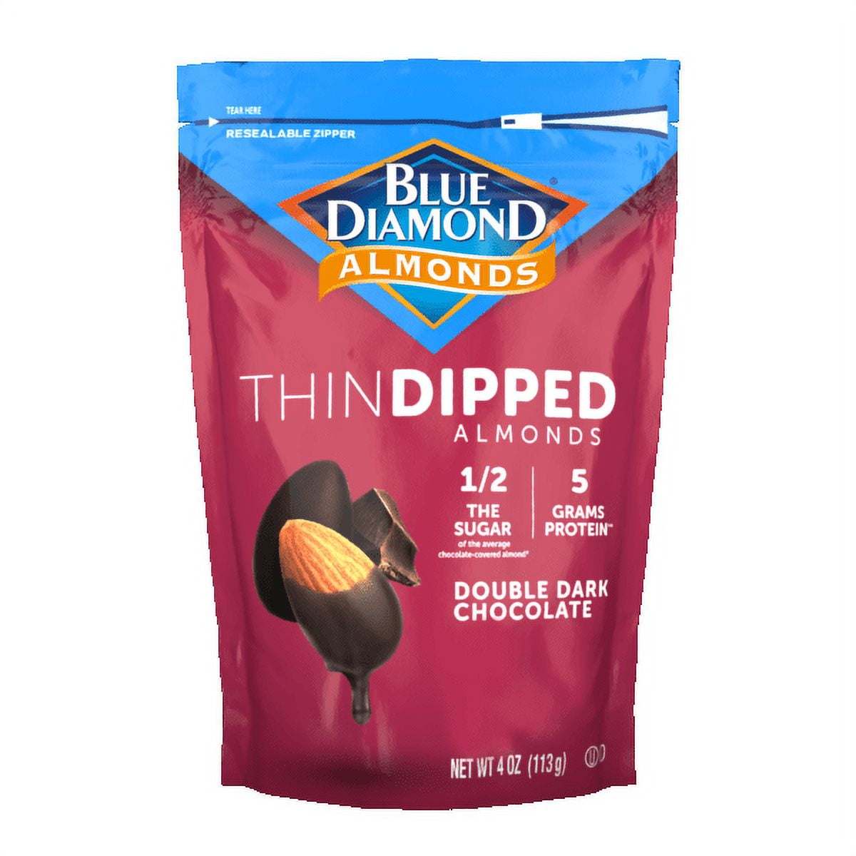 Oven-roasted almonds, with no added oil. Then carefully dipped in a thin layer of high-quality dark chocolate. A simple, all-natural sweet snack, with half the sugar and 5 grams of protein per serving.