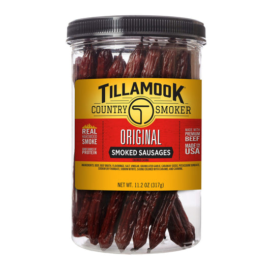 Tillamook Country Smoker Beef Smoked Sausages are made with high-quality beef and 100% real hardwood smoke. Seasoned with our original recipe. Simply crafted with simple ingredients to be simply better. A good source of protein and all premium beef. Tillamook Country Smoker Beef Sticks are a great snack anytime, whether you are at work or play; they’re a great way to snack between meals.