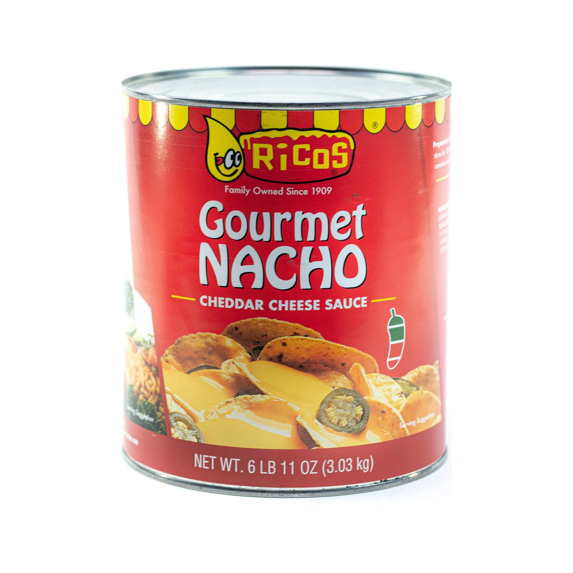 Experience the rich, delicious flavor of Ricos® Gourmet Nacho Cheddar Cheese Sauce in a shelf-stable 107 oz can. Family owned since 1909, it is free of hydrogenated oils, trans fat and cholesterol. Just heat and serve over enchiladas, nachos or chili cheese fries. A delectable blend of spices gives this Ricos cheddar cheese sauce its distinctive nacho flavor. Ricos Gourmet Nacho Cheese Sauce, now Trans Fat FREE, is a shelf-stable, ready-to-serve cheese sauce. Our World Famous Nacho Cheese Sauce can be used 