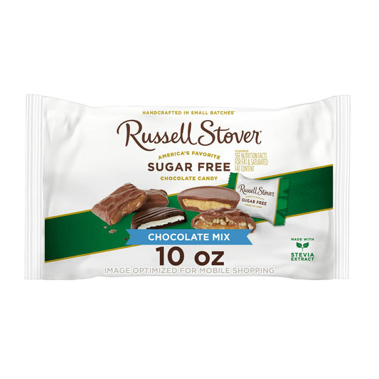 RUSSELL STOVER Sugar Free Assorted 4 Flavor Chocolate Candy Mix, 10 oz. bag, contains about 18 individually wrapped pieces of four sugar free favorites: mint patty (light airy mint covered in decadent dark chocolate), peanut butter cup (creamy peanut butter covered in chocolate candy), pecan delight (crunchy pecans & chewy caramel covered in chocolate candy) and toffee square (crunchy toffee in chocolate candy). Made with Stevia extract, a plant-based sweetener, these delicious chocolates deliver the sweetn