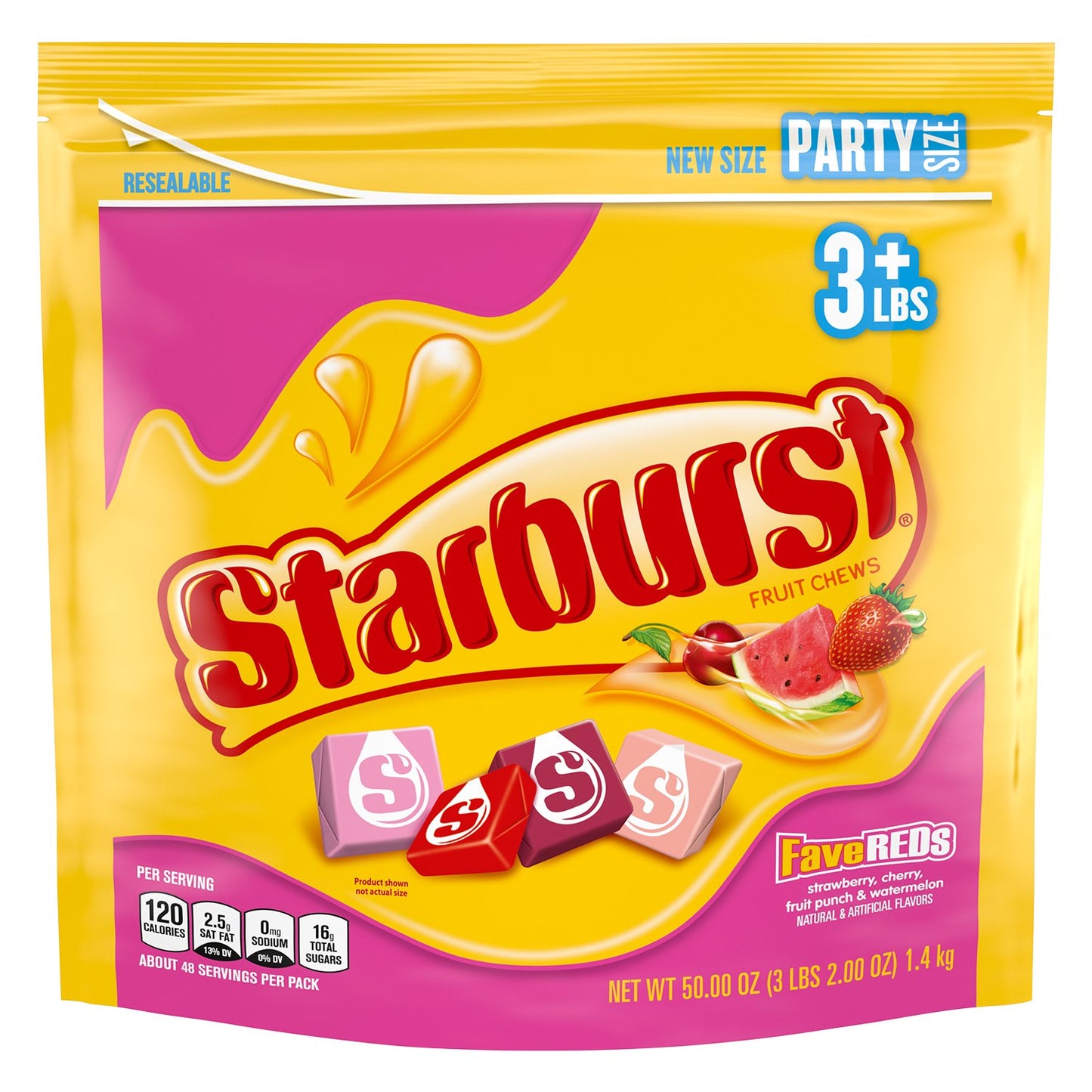 Have you experienced the unexpectedly juicy burst of bold fruit flavor inside every Starburst candy? Treat yourself to the extraordinary juiciness that defines these beloved chewy candies. From Starburst candies right out of the wrapper to Starburst recipes and decorations, there are endless ways to add a burst of juicy flavor every day, including adding them to your next party. Add the Starburst FaveREDS Fruit Chews Candy, 50 oz Party Size Resealable Bag to your cart today!