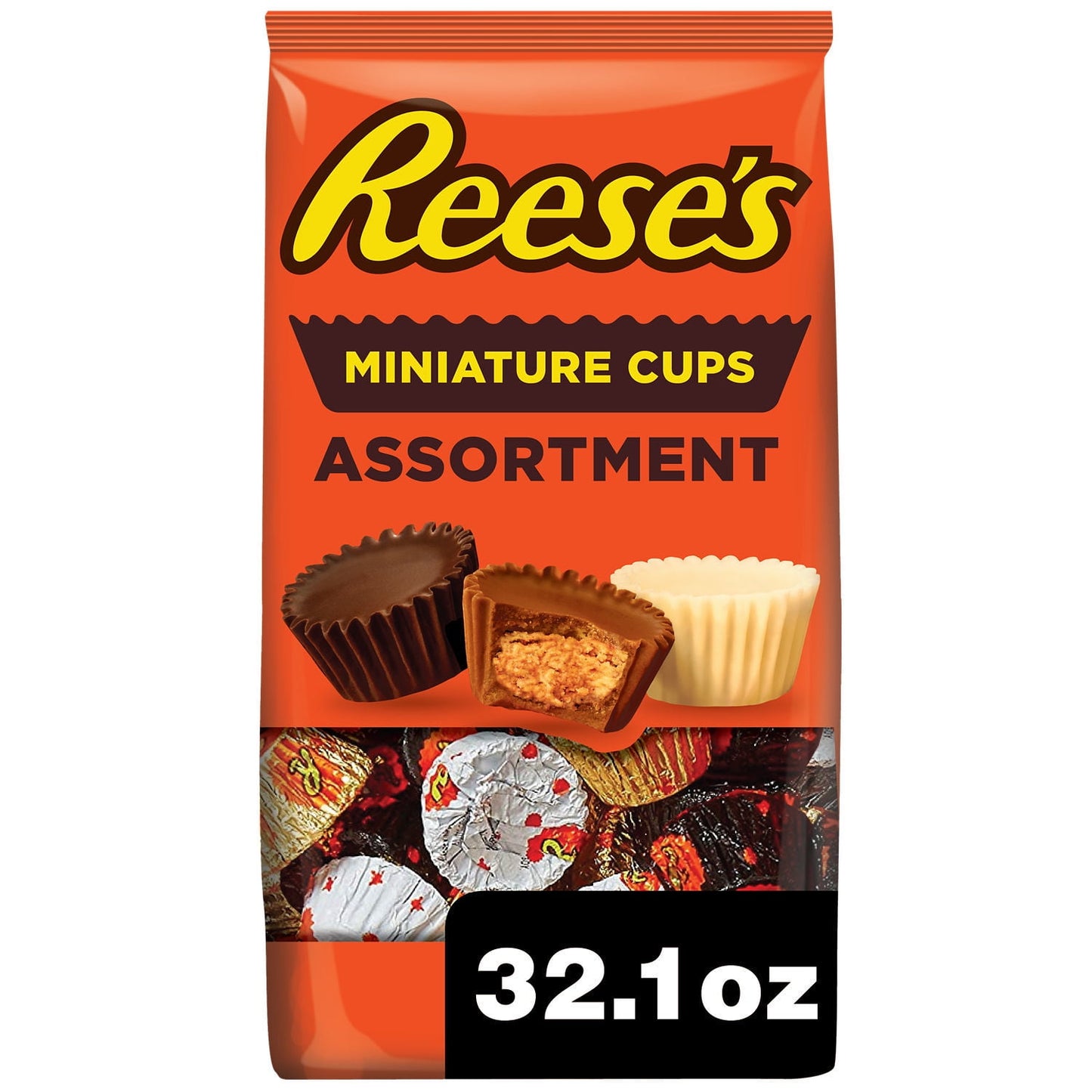 Don't let their small size fool you: REESE'S Miniatures assorted peanut butter cups candies are huge on milk chocolate, dark chocolate, white creme and peanut butter taste. Individually wrapped, bite size and pop-able, REESE'S Miniatures candies make a delicious anytime treat. Plus, this party pack ensures you'll have plenty for all your friends and family during get-togethers. You can even have this bag tag along with you as you begin a road trip adventure or enjoy a midday pick-me-up at the office. All yo