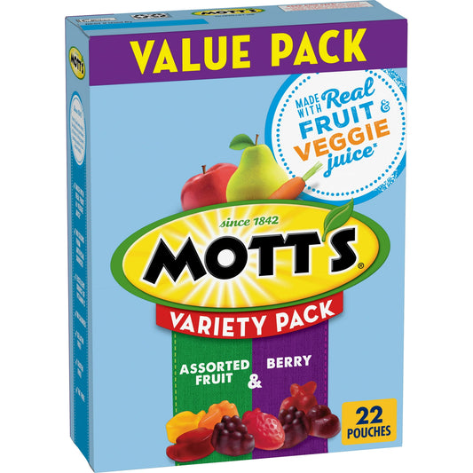 When you need a tasty snack for kids of all ages, choose the juicy taste of Mott's Berry and Assorted Fruit Flavored Snacks. Not only are these bite-sized gummies delicious, but they're also made with real fruit and veggie juice.* These gluten free fruit flavored snacks have 60% daily value of vitamin C per serving. They're gelatin free, fat free, 80 calories per pouch, and have no colors from artificial sources. You've found the perfect after school snack that's a win for you and your kids! Individual easy