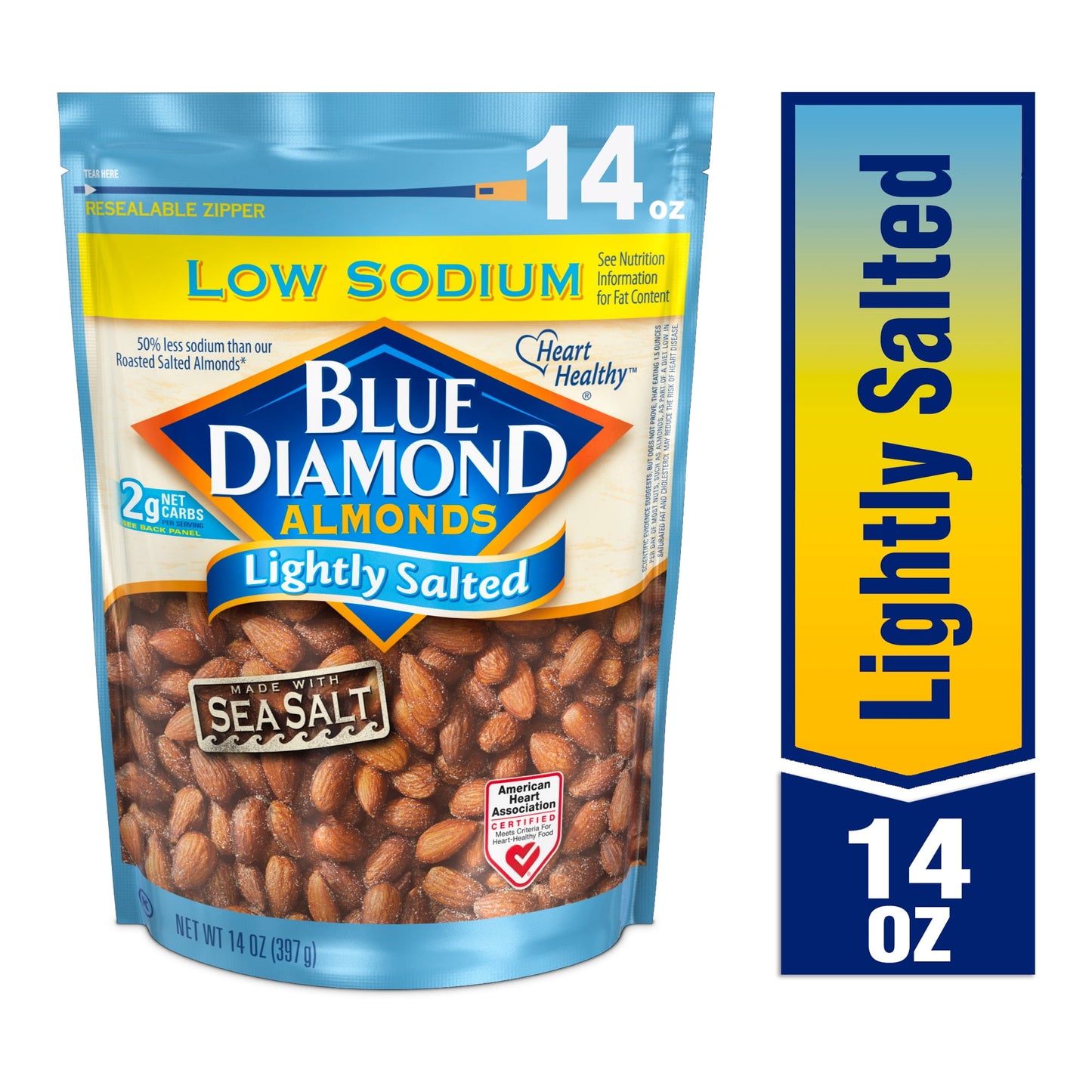 Blue Diamond Almonds Lightly Salted. Made with sea salt. Has 50% less sodium than our roasted salted almonds. Heart healthy, rich in antioxidant vitamin E & low in sodium. Free from peanut.