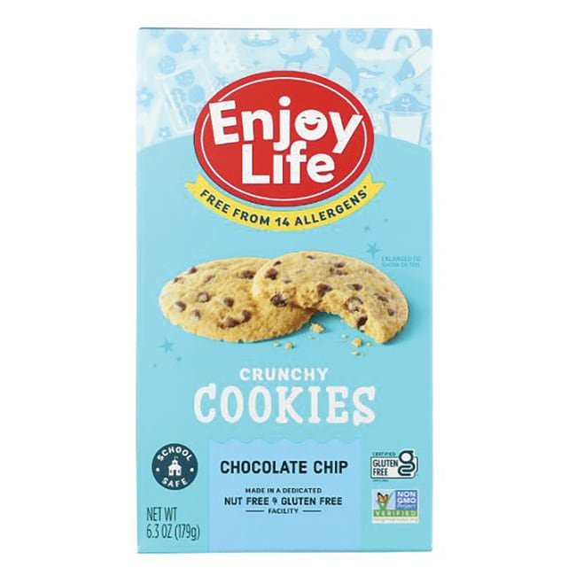 For great-tasting, dairy free cookies that are allergy friendly, choose Enjoy Life Crunchy Chocolate Chip Cookies. These certified gluten free cookies start with decadent, dairy-free pure chocolate chips and are baked to perfection for a delightful crunch in each bite. These school safe snacks are made in a dedicated nut-free and gluten-free facility and are free from 14 allergens, including wheat, peanuts, tree nuts, dairy, soy and egg.