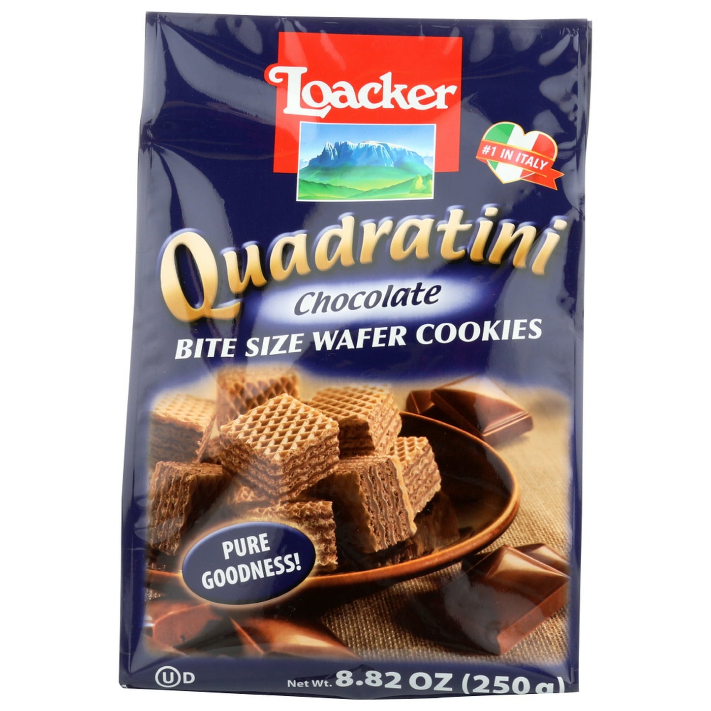 Loacker quadrating bite-size chocolate wafer cookies deliver a satisfying crispy texture layered with creamy filling for pure goodness in each bite. Made in Austria with an exclusive blend of cocoa and chocolate, these cookies feature the finest ingredients sourced from the heart of the Alps. Bite-sized pieces let you easily enjoy just a little of the sweet treat. Each eight-cookie serving contains 150 calories, and each bag contains nine servings for ample enjoyment. This resealable 8.82 oz. The bag keeps 