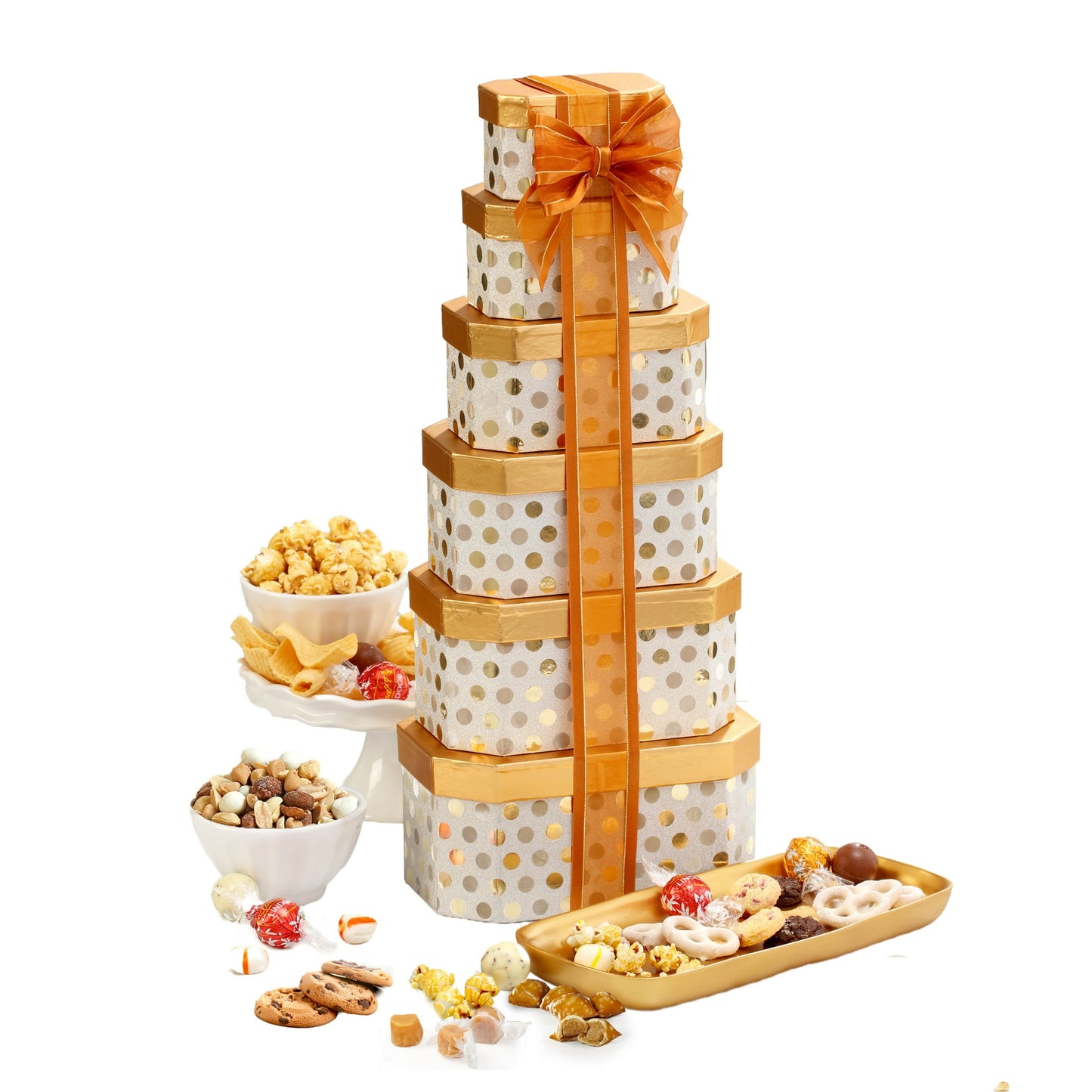 This Gourmet Gift Tower opens up to reveal a collection of 6 gift boxes. Gift tower includes assorted Lind truffles, yogurt-enrobed pretzels, mint chocolate chip cookies, crème brulee nut mix, gourmet caramel popcorn, chocolate peanut butter pretzel nuggets, lemon blueberry cookies, and soft milk toffees!