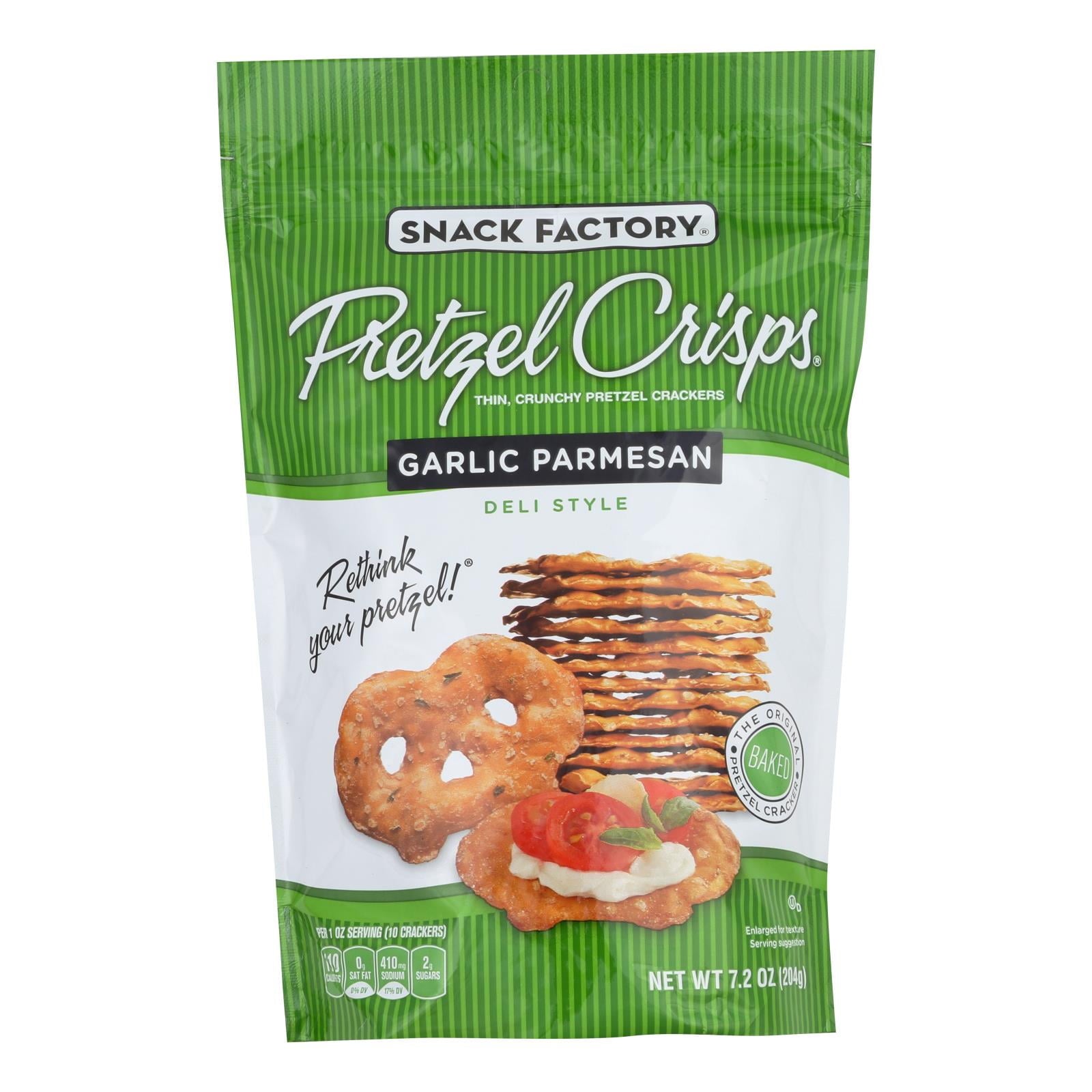 Snack factory garlic parmesan pretzel crisps are a low-calorie snack at just 110 calories per serving. Our recipe uses enriched wheat flour, parmesan cheese, parsley and other flavors to create a tasty, crunchy snack. These flat chips are great for hummus, dip, nacho cheese — whatever your favorites are. This 7.2 oz. Pouch holds 7 servings of parmesan pretzel chips. country of origin : united states is kosher : yes size : 7.2 oz pack of : 12 selling unit : case keywords : chips;crackers;potatoes;salty;snack