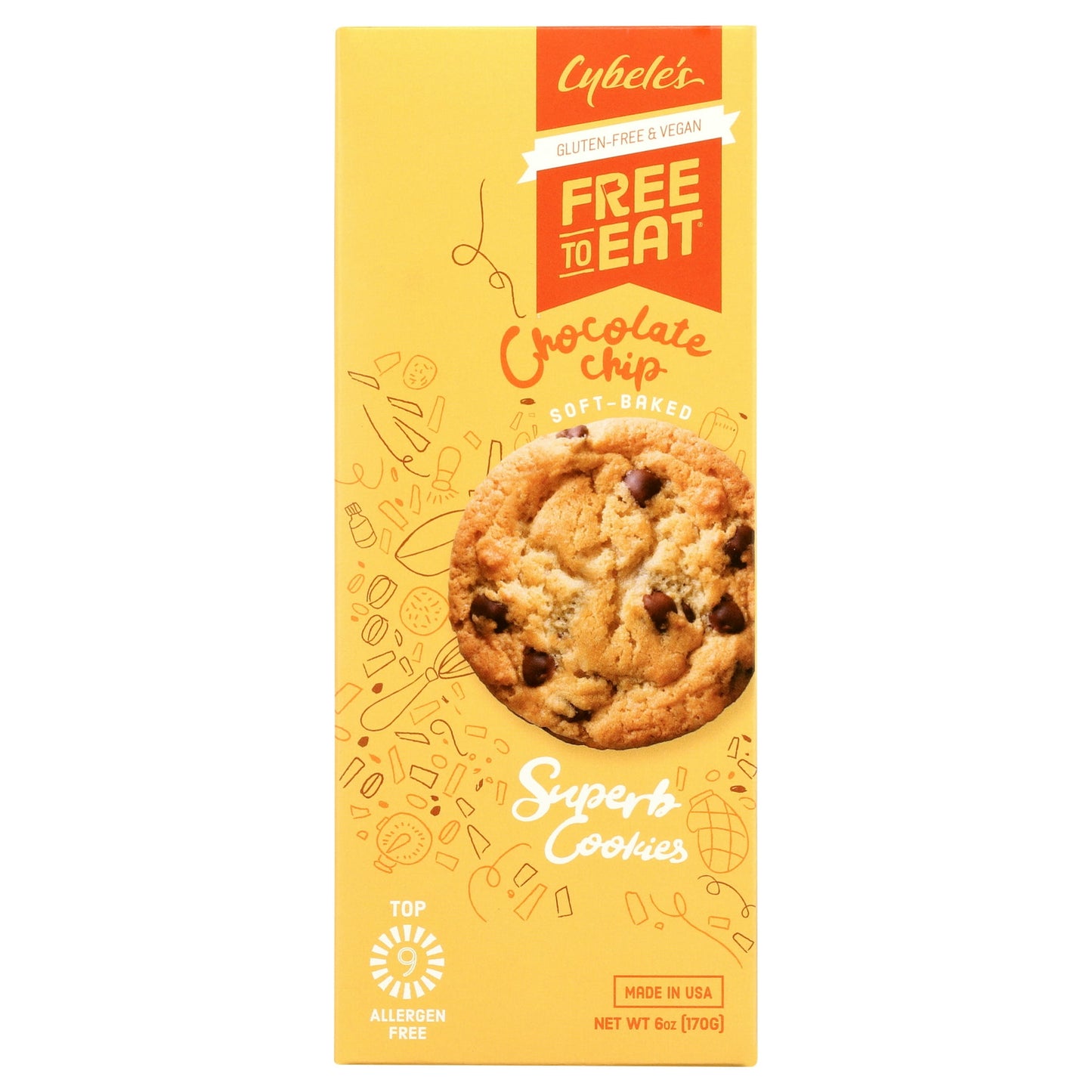 Forget everything you think you know about cookies because Cybele's Free to Eat has reinvented everyone's favorite treat. Cybele's Soft-Baked Chocolate Chip cookies are clean, wholesome, and flavorful treats that happen to be allergy-friendly, gluten-free, vegan, and free from artificial preservatives, colors, flavors, and non-GMO. Top 9 Allergen Free. This is a snack that leads with deliciousness and can be enjoyed by the entire family. Each 6-ounce carton contains 12 soft-baked cookies.