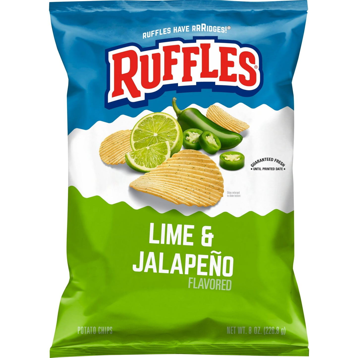 With crunchy ridges made to stand up to even the thickest dips, Ruffles potato chips bring epic flavor and snack satisfaction to any get-together. Collaborations are everything these days. And We Had that in Mind when We Created Our Ruffles® Lime & Jalapeño Flavored Potato Chips Get ready for the flavor of Zesty Lime matched with a Spicy Kick of Jalapeño Heat. This is the Crunchy collaboration you've been waiting for.